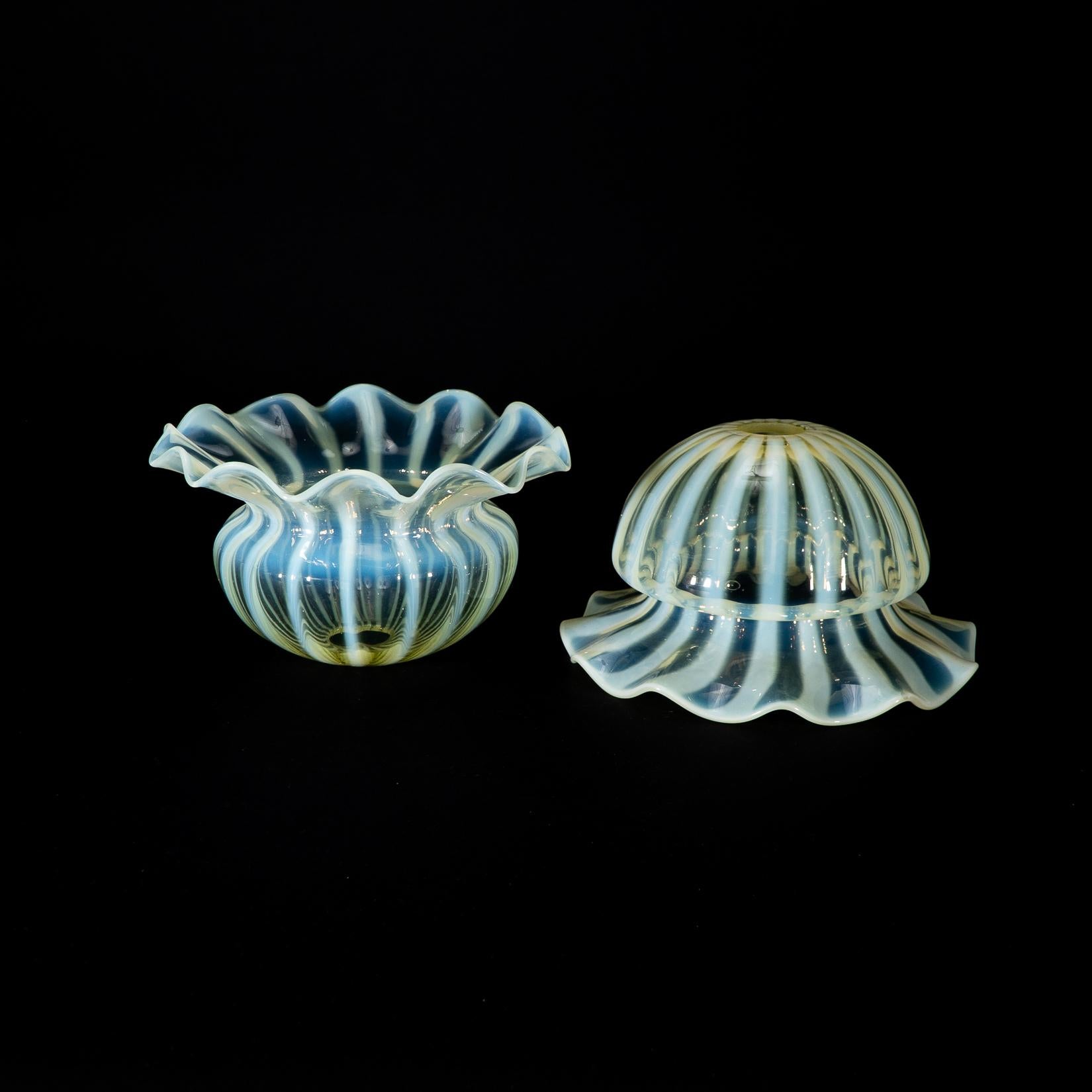 A Pair of Vaseline Glass Shades with Radiating Striped Patterns & Ruffled Rims For Sale 6