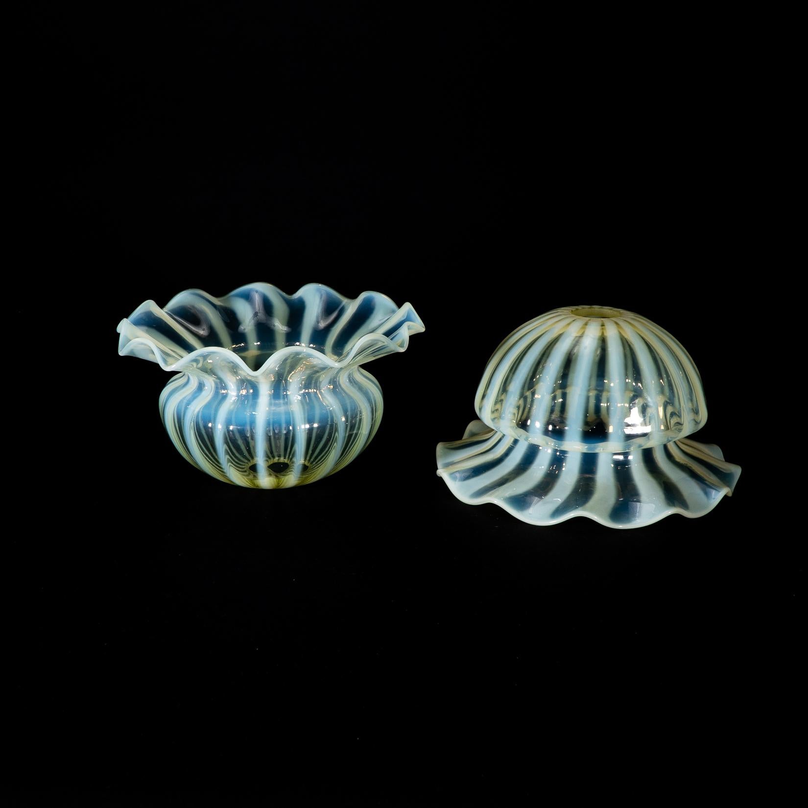 A Pair of Vaseline Glass Shades with Radiating Striped Patterns & Ruffled Rims For Sale 7
