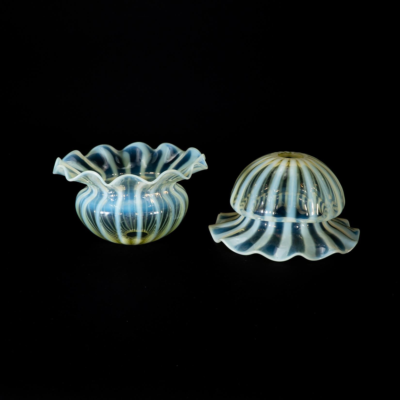 A Pair of Vaseline Glass Shades with Radiating Striped Patterns & Ruffled Rims For Sale 9