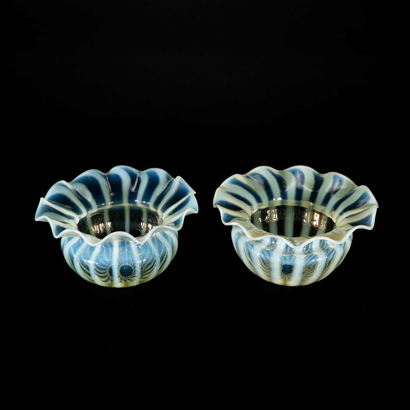 Arts and Crafts A Pair of Vaseline Glass Shades with Radiating Striped Patterns & Ruffled Rims For Sale