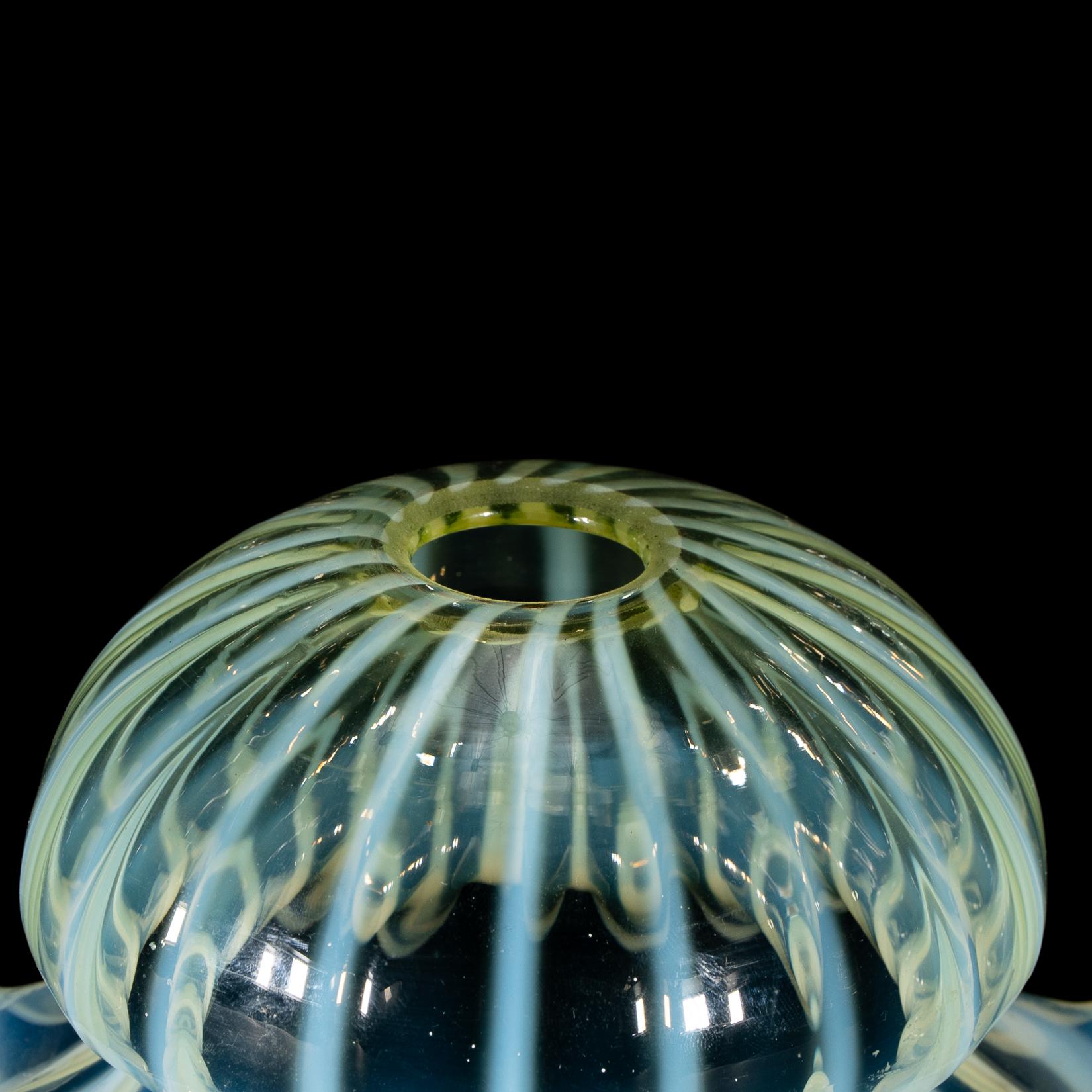 British A Pair of Vaseline Glass Shades with Radiating Striped Patterns & Ruffled Rims For Sale