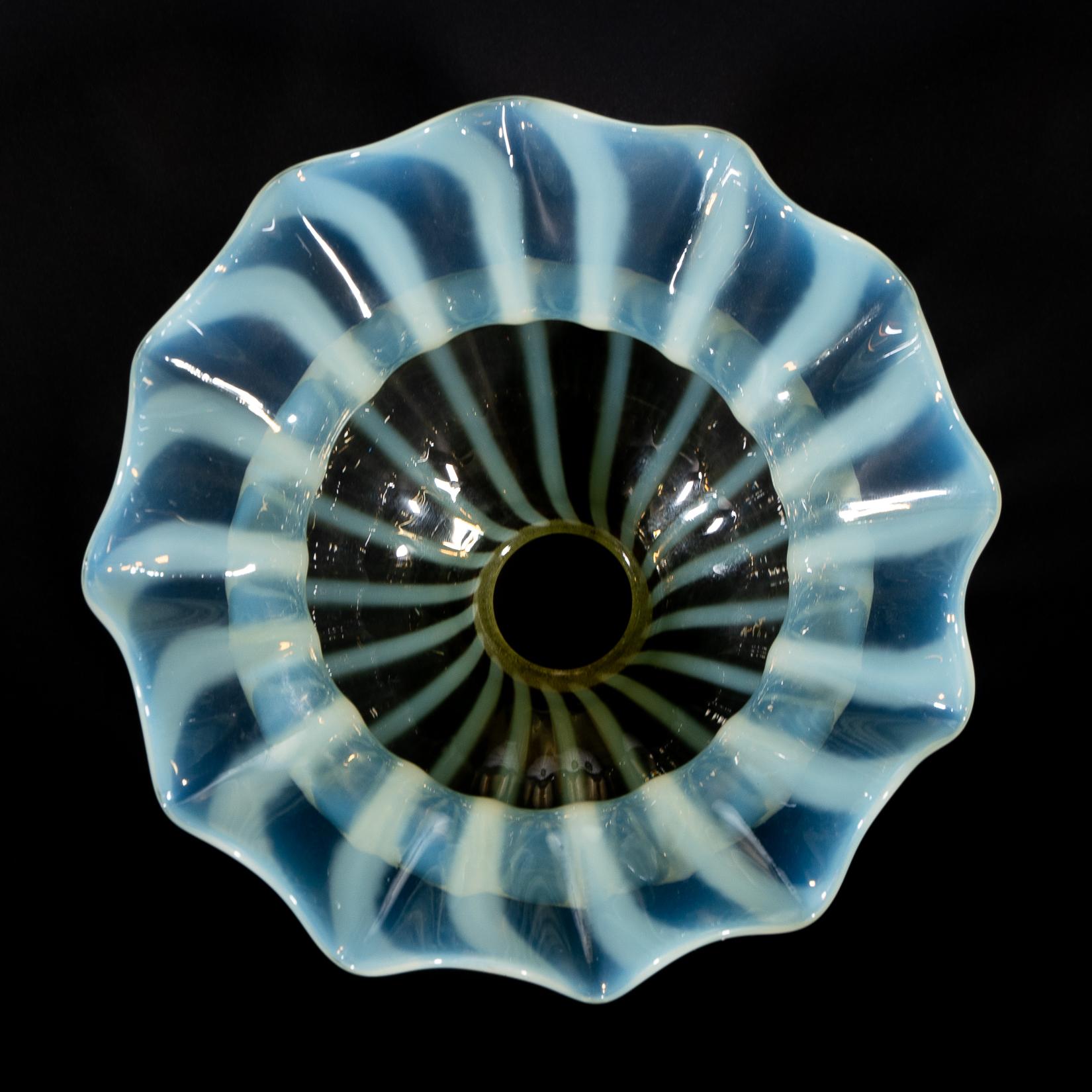Hand-Crafted A Pair of Vaseline Glass Shades with Radiating Striped Patterns & Ruffled Rims For Sale