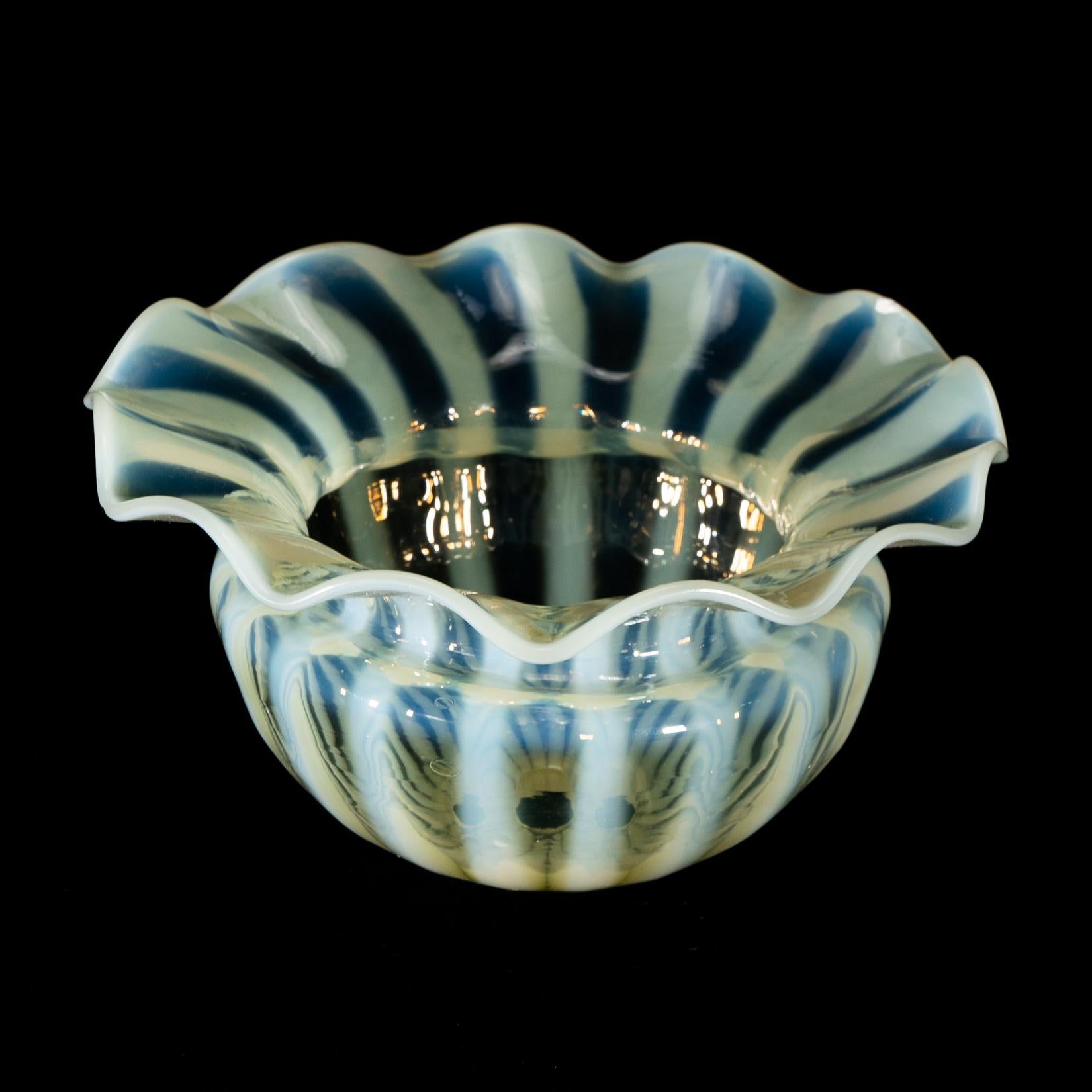 20th Century A Pair of Vaseline Glass Shades with Radiating Striped Patterns & Ruffled Rims For Sale