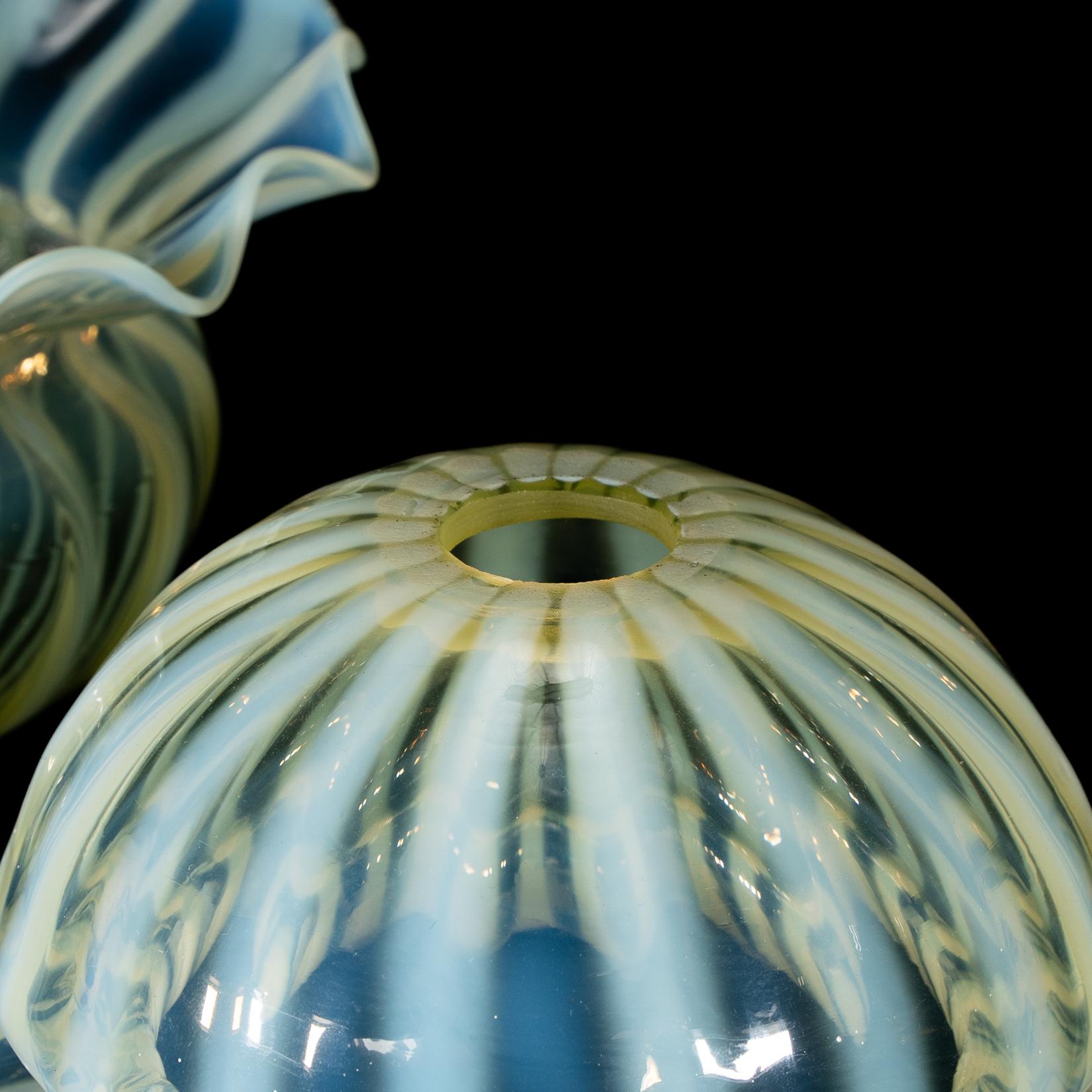 Uranium Glass A Pair of Vaseline Glass Shades with Radiating Striped Patterns & Ruffled Rims For Sale