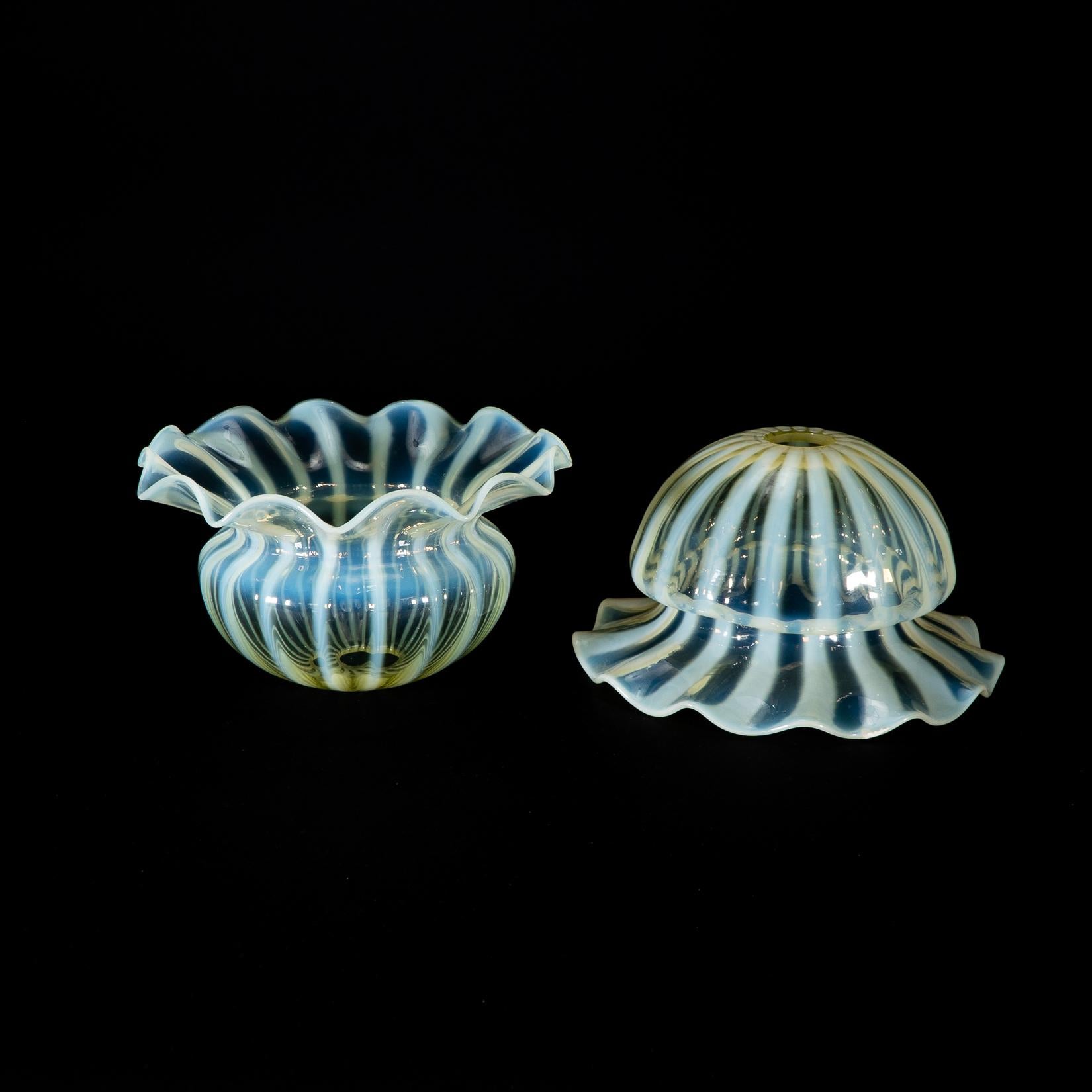 A Pair of Vaseline Glass Shades with Radiating Striped Patterns & Ruffled Rims For Sale 1