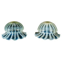 A Pair of Vaseline Glass Shades with Radiating Striped Patterns & Ruffled Rims