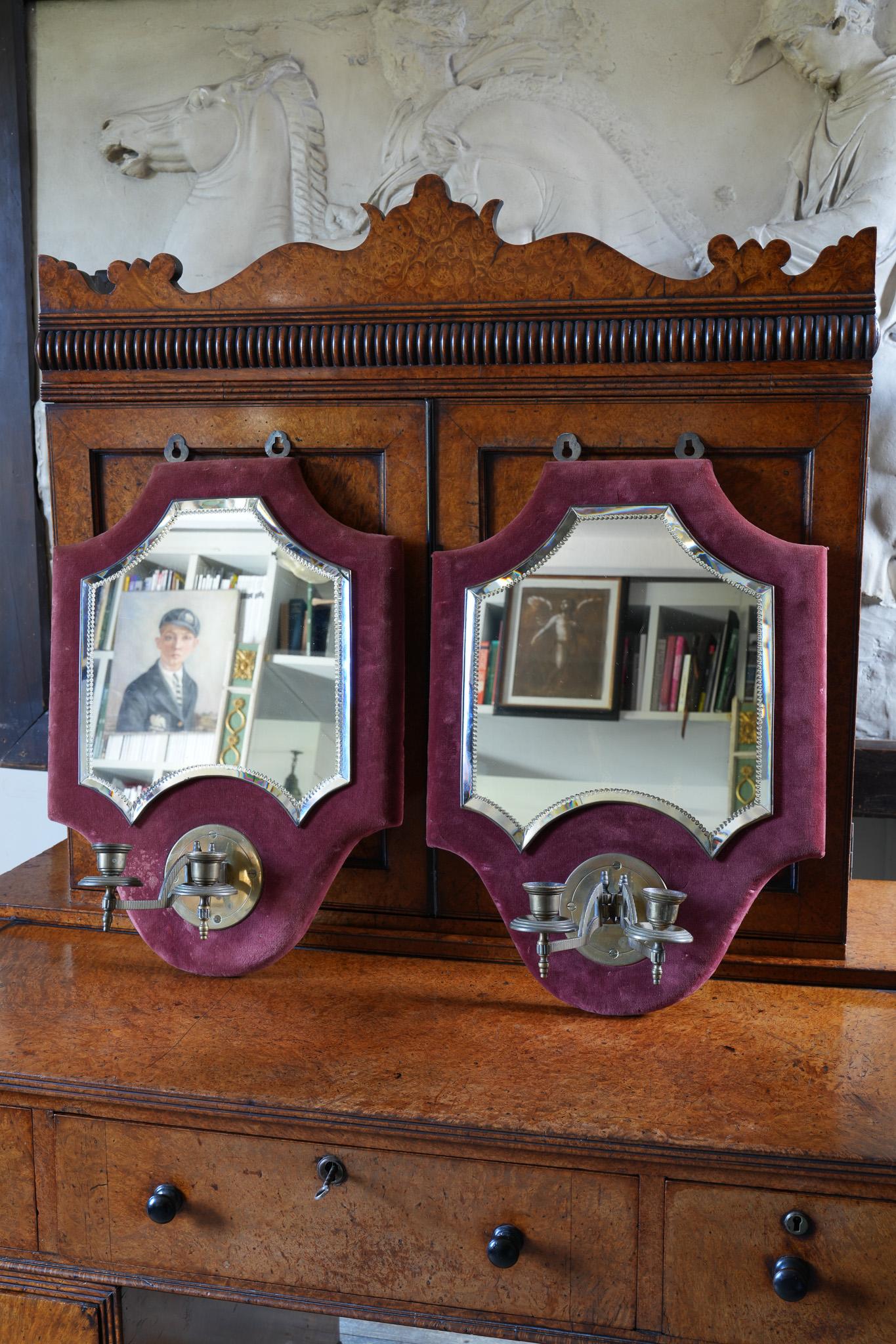 European A Pair of Velvet Wall Mirror With Candle Sconces For Sale