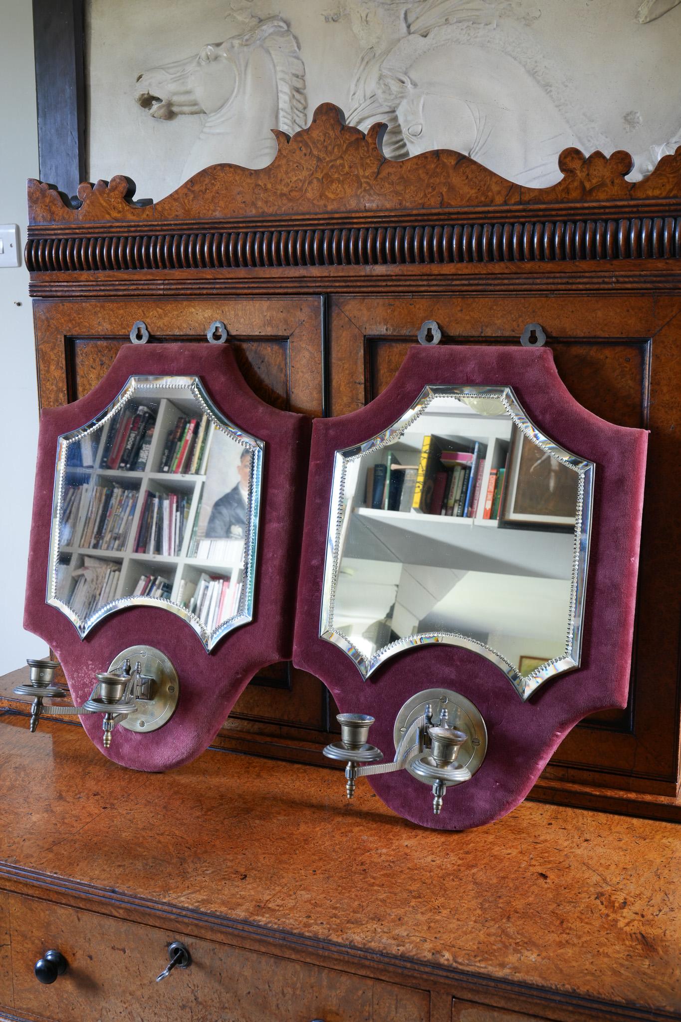 A Pair of Velvet Wall Mirror With Candle Sconces In Good Condition For Sale In Conwy, GB