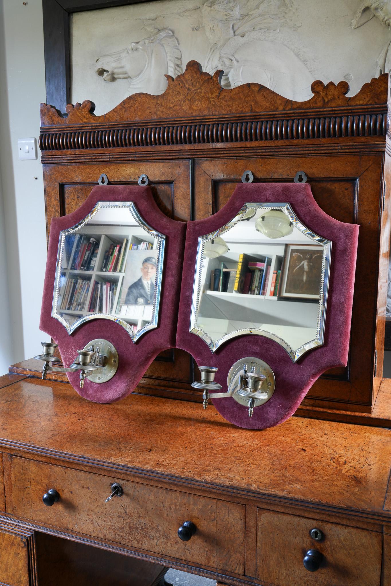 19th Century A Pair of Velvet Wall Mirror With Candle Sconces For Sale