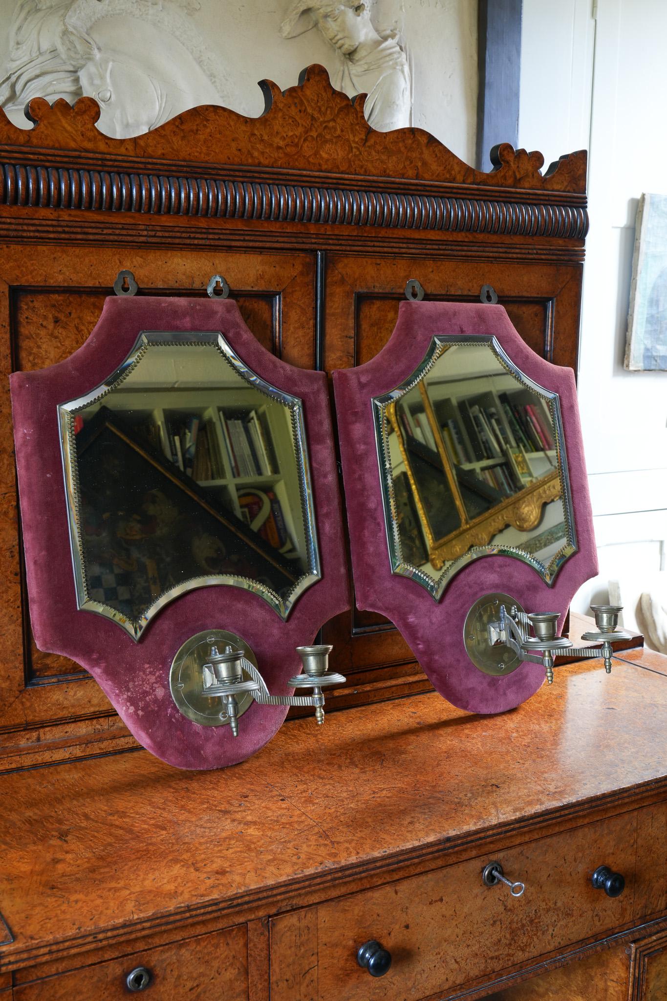 A Pair of Velvet Wall Mirror With Candle Sconces For Sale 1