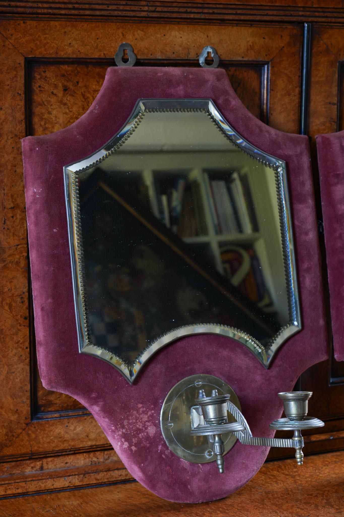 A Pair of Velvet Wall Mirror With Candle Sconces For Sale 2