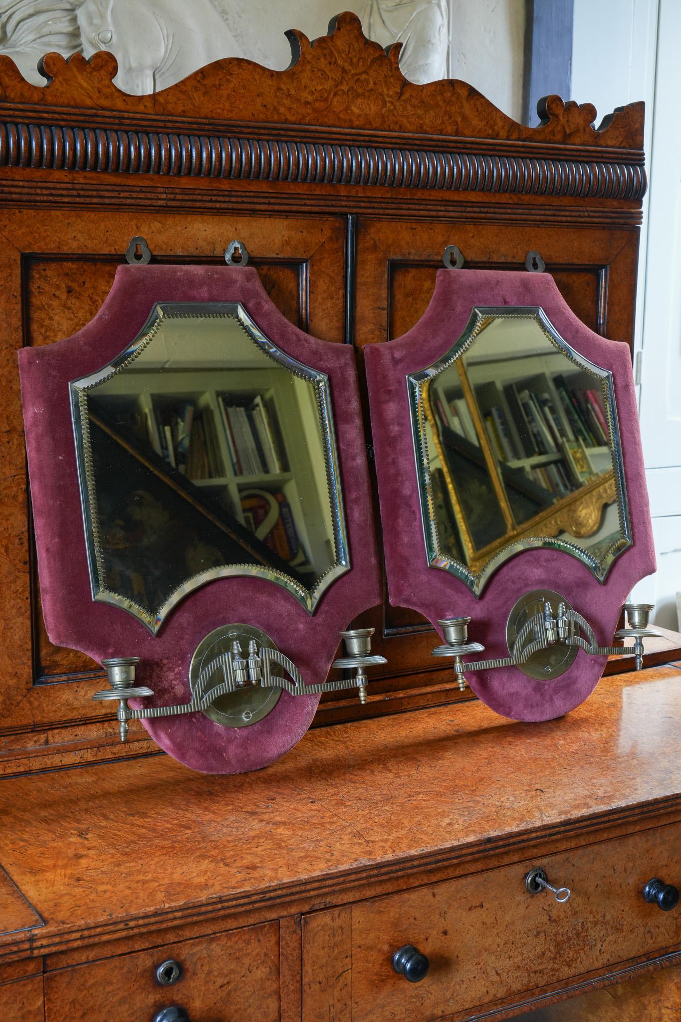 A Pair of Velvet Wall Mirror With Candle Sconces For Sale 3
