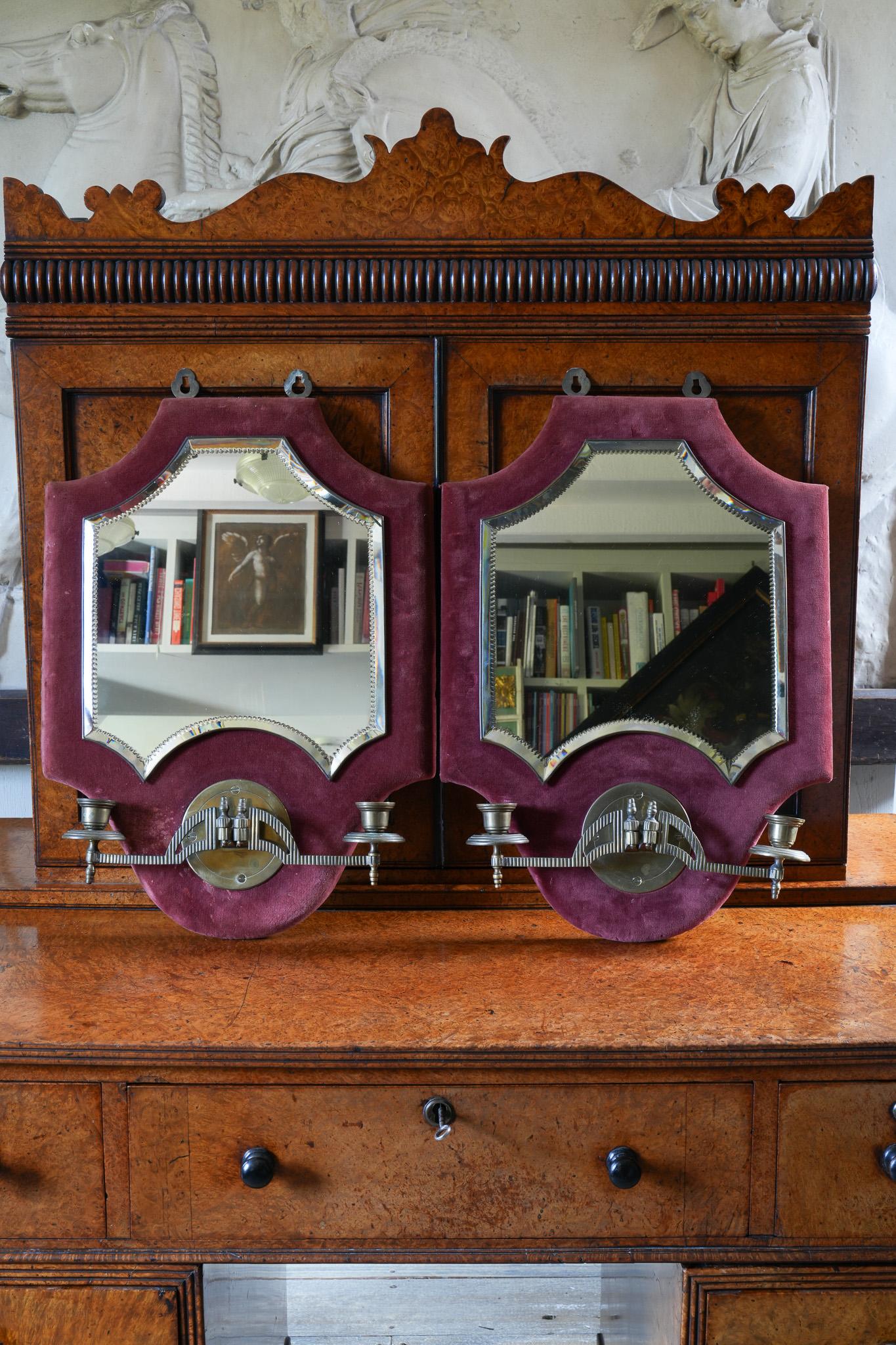 A Pair of Velvet Wall Mirror With Candle Sconces For Sale 4