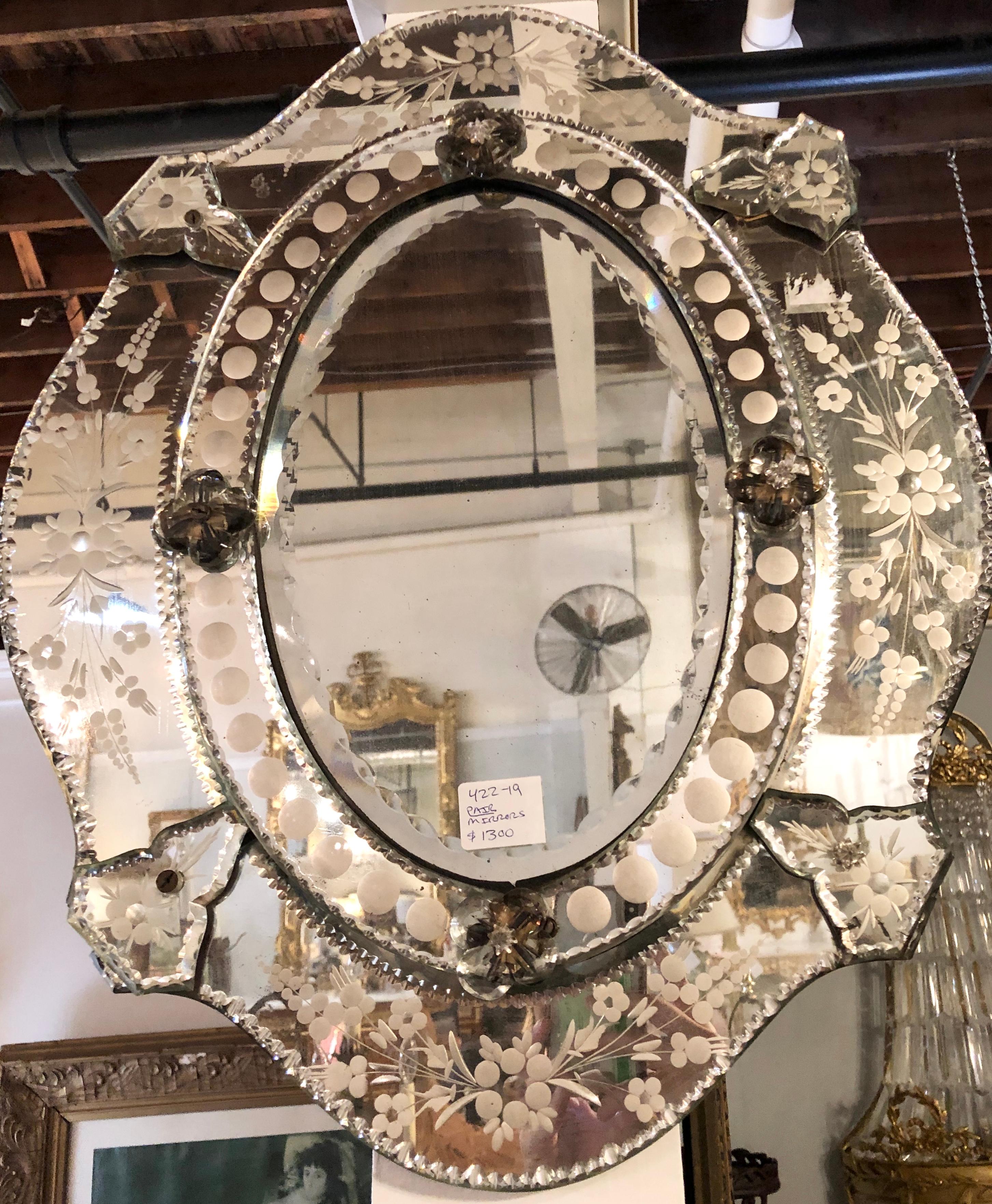 Victorian Pair of Venetian Etched Glass Wall Mirrors
