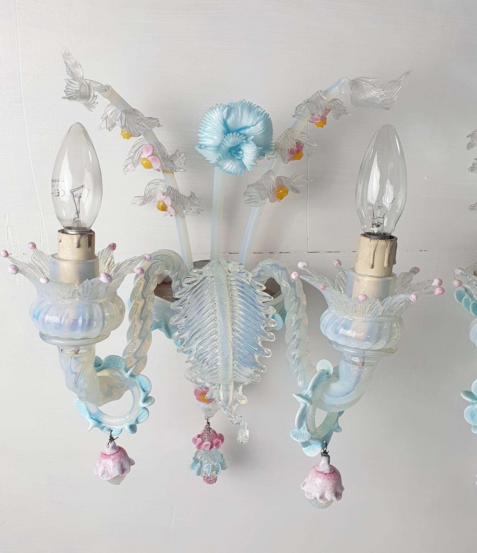 Murano Glass A Pair of Venetian Murano Wall Sconces Venetian Style circa 1930's For Sale
