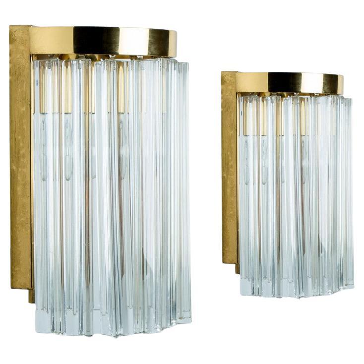 A Pair of Venini Clear Brass Glass Wall Lights, 1970 For Sale