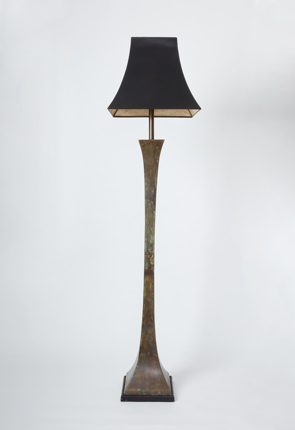 A pair of standing lamps by Stewart Ross James for Hansen, featuring a verdigris patina on heavy bronze. Solid wood base.

Can be purchased individually.