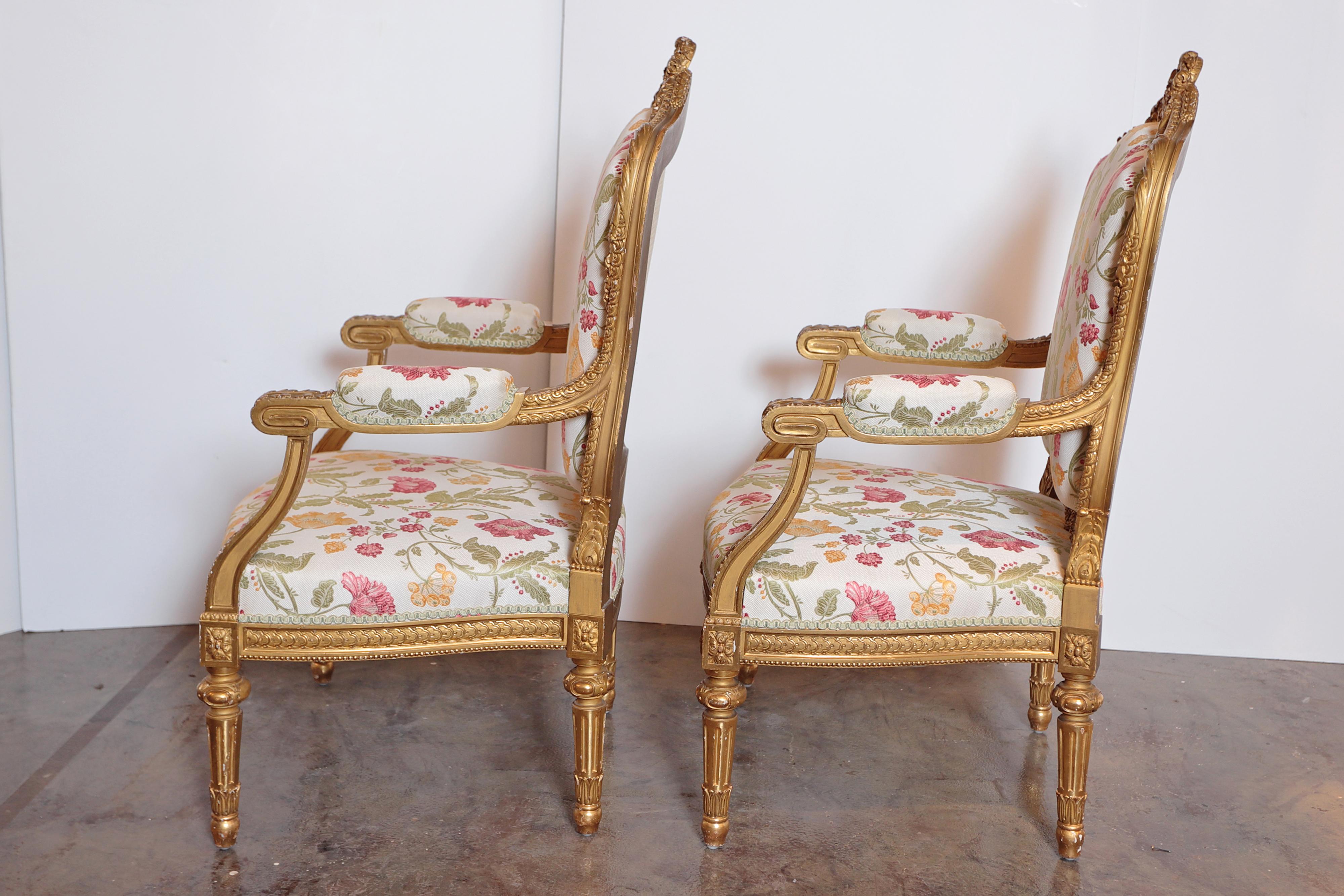 French Pair of Very Fine Carved and Gilt Early 20th Century Louis XVI Style Fauteuils