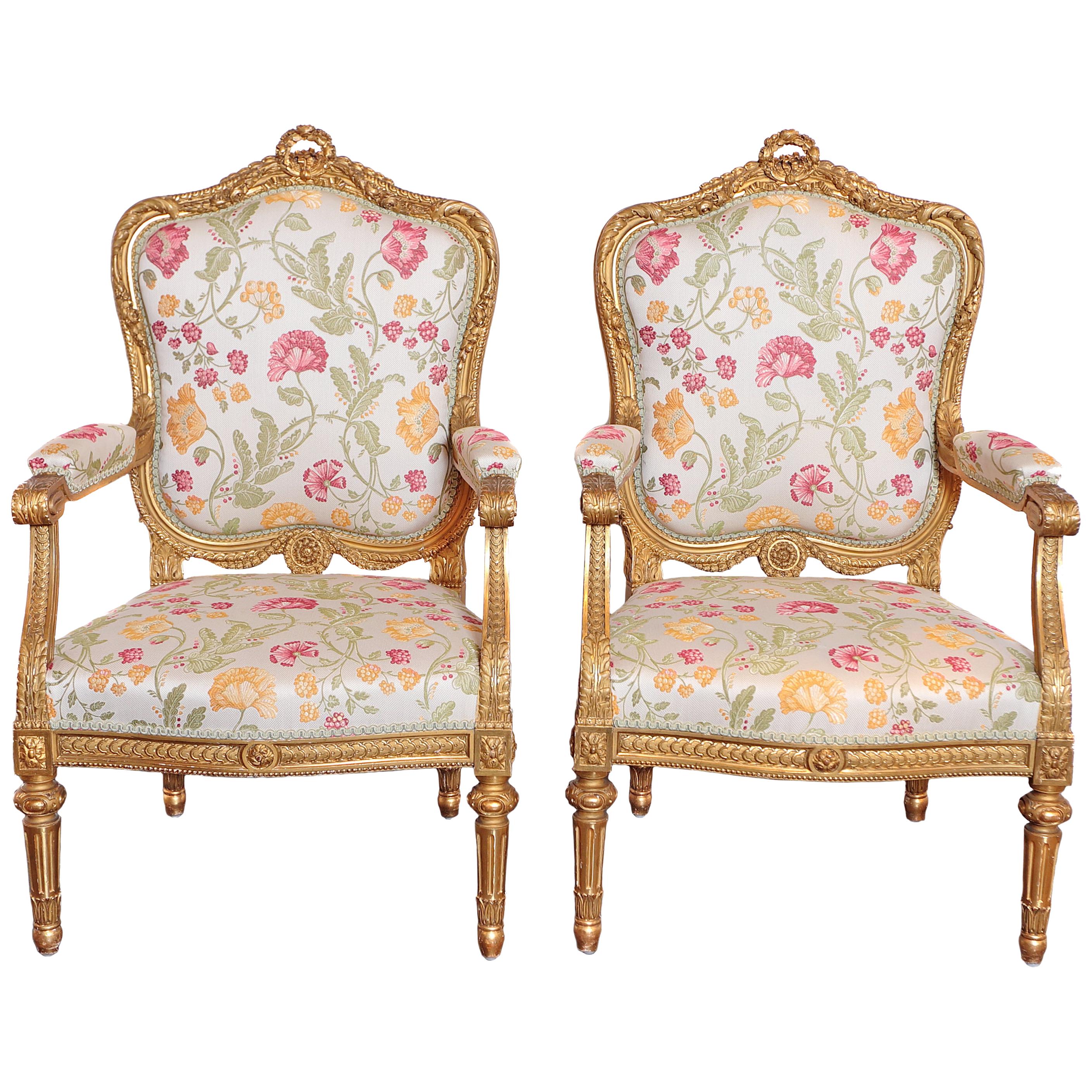 Pair of Very Fine Carved and Gilt Early 20th Century Louis XVI Style Fauteuils