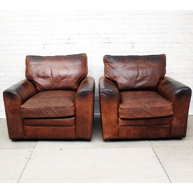 Pair Of Very Large 1970s English Brown Leather Armchairs