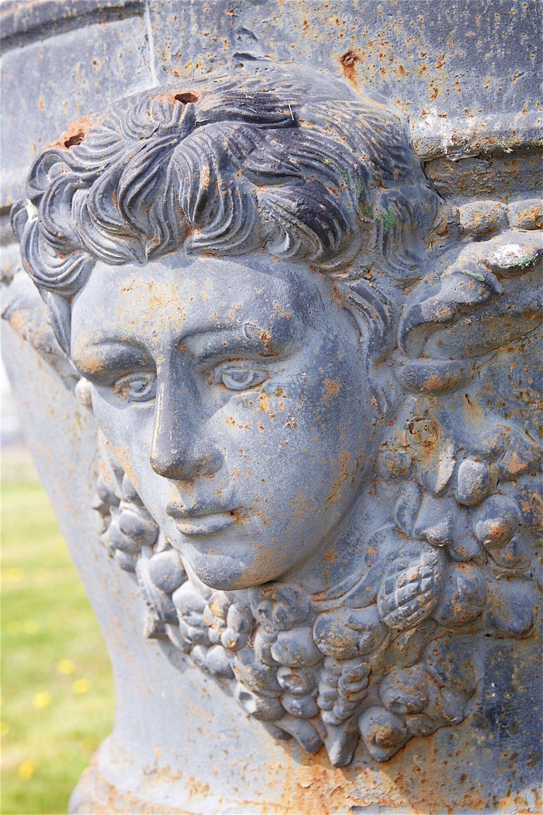 Pair of Very Large Decorative Cast Iron Garden Vases with Cherubs For