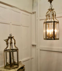 Pair of Very Large French Art Deco Brass & Glass Hall Lanterns a Superb Impr