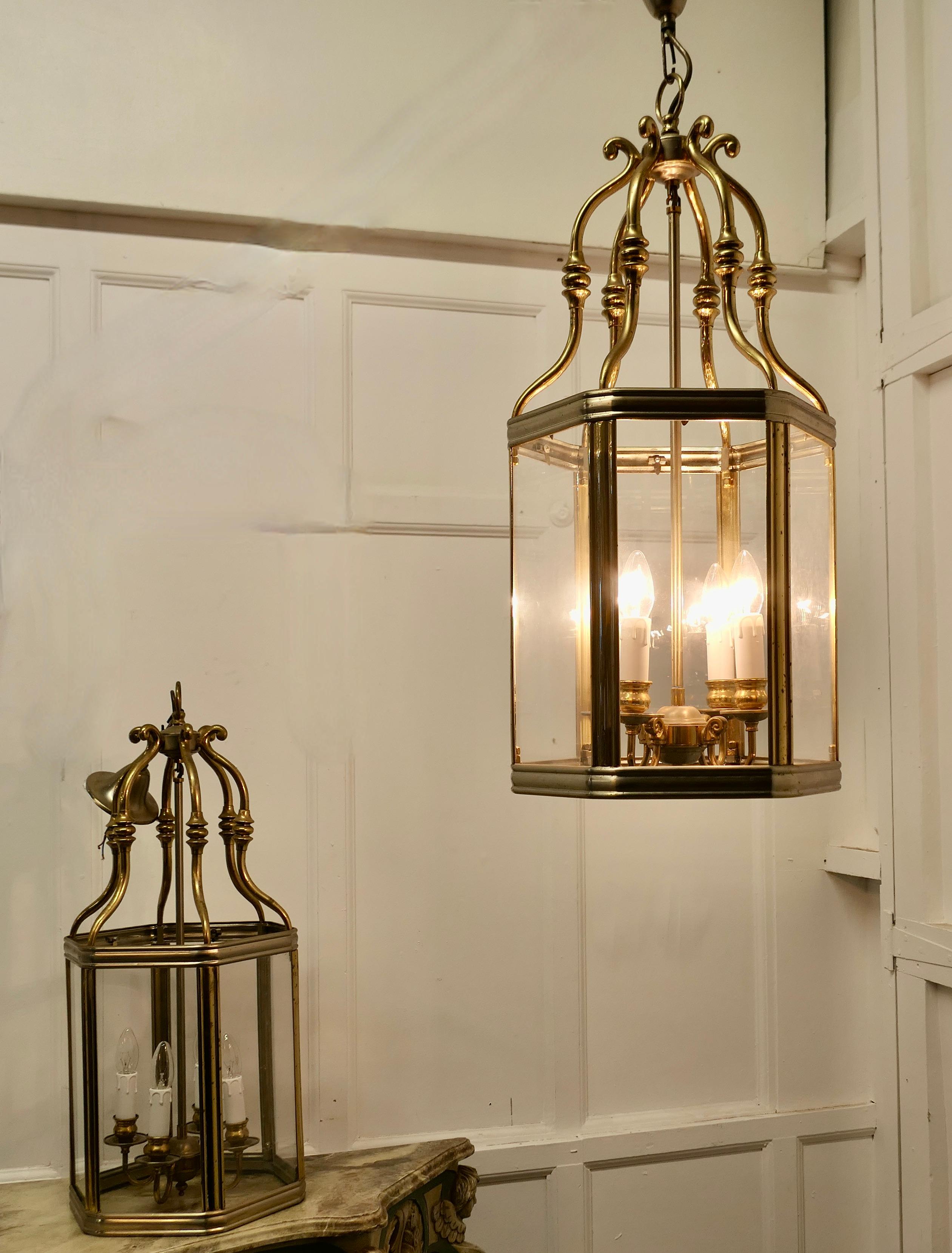 Pair of Very Large French Art Deco Brass & Glass Hall Lanterns a Superb Impr For Sale 1