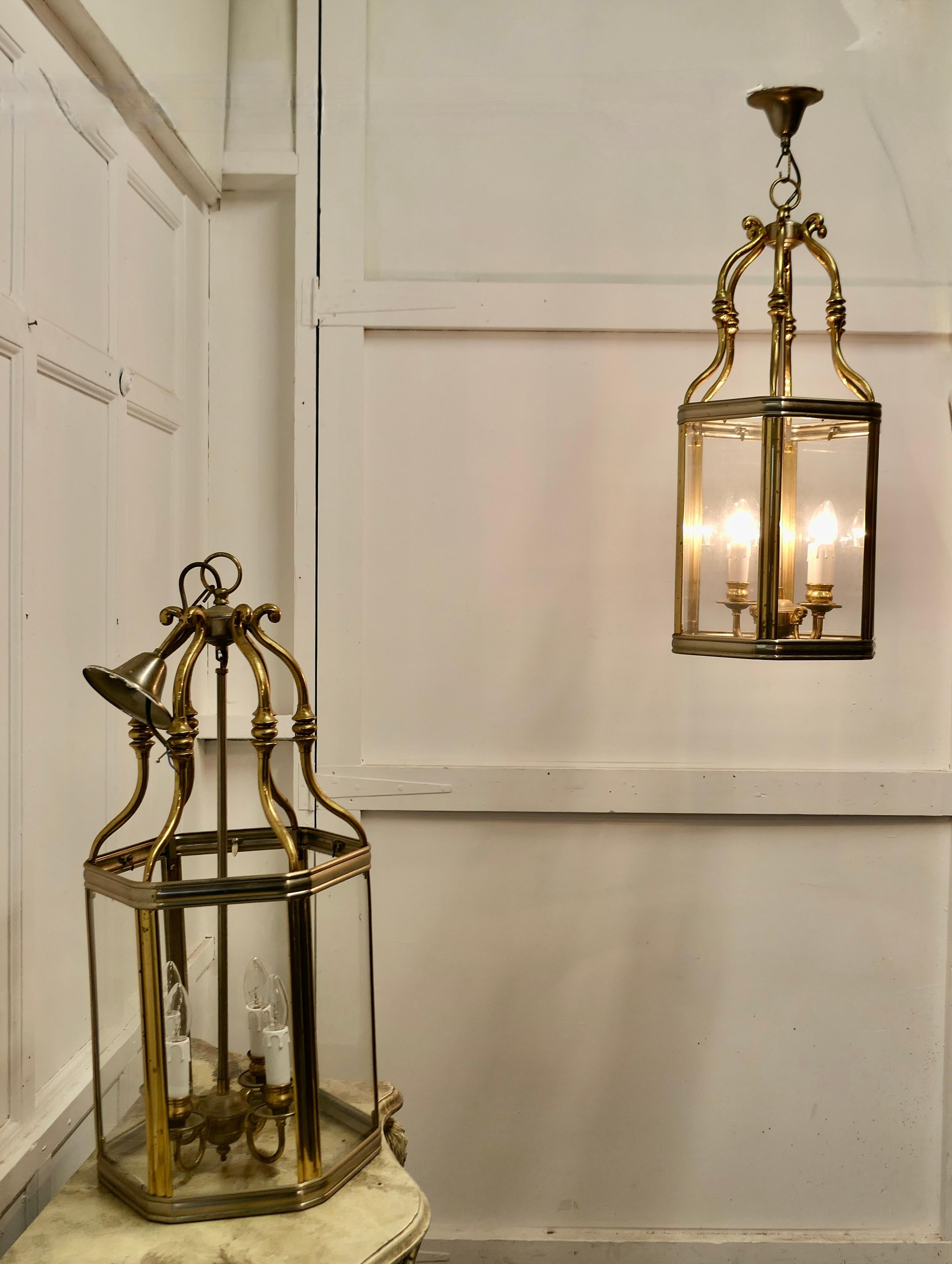 Pair of Very Large French Art Deco Brass & Glass Hall Lanterns a Superb Impr For Sale 2