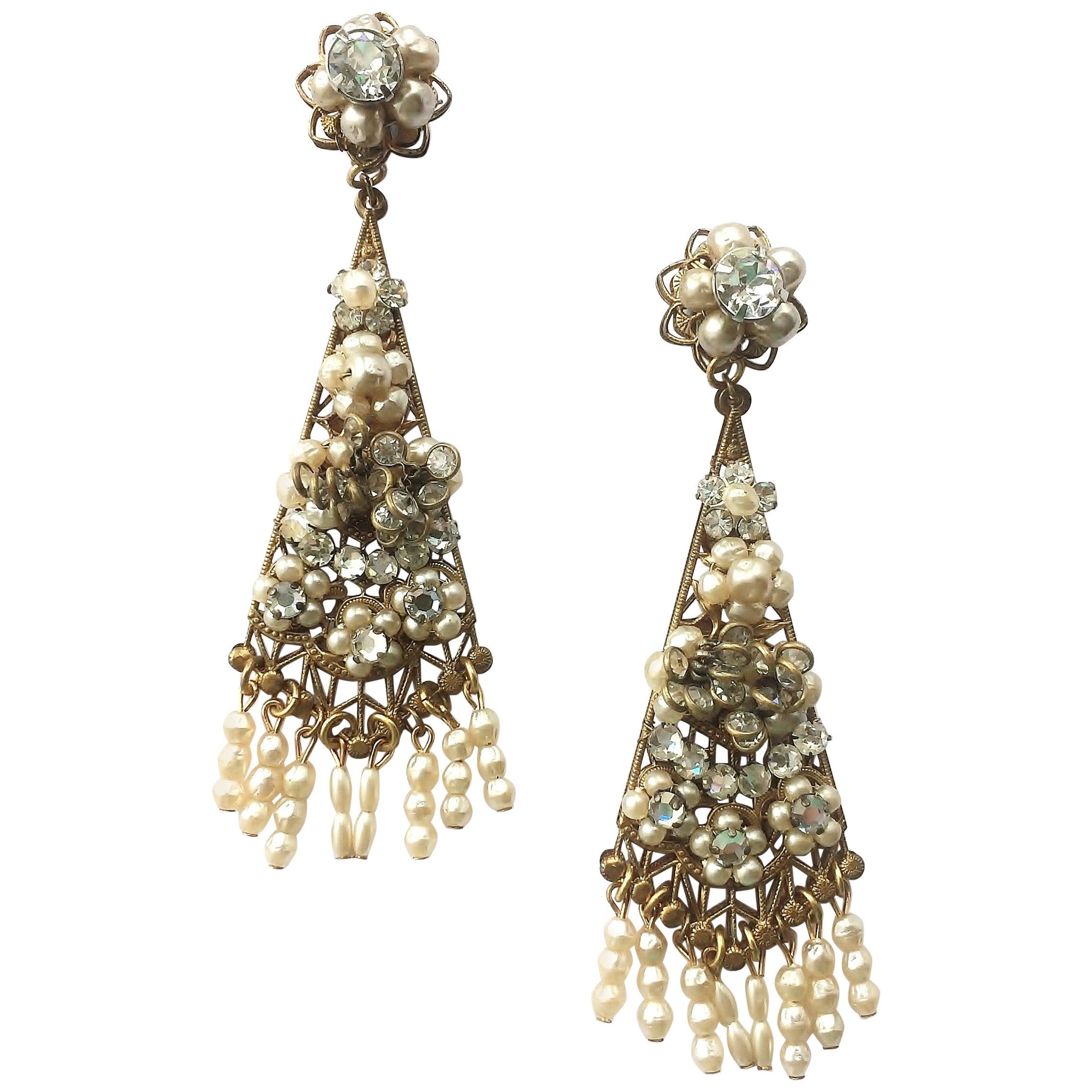 A pair of very long pearl and paste drop earrings, Robert de Mario, USA, 1950s