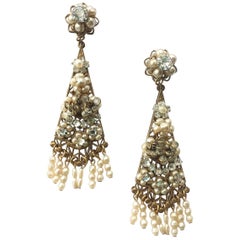 A pair of very long pearl and paste drop earrings, Robert de Mario, USA, 1950s