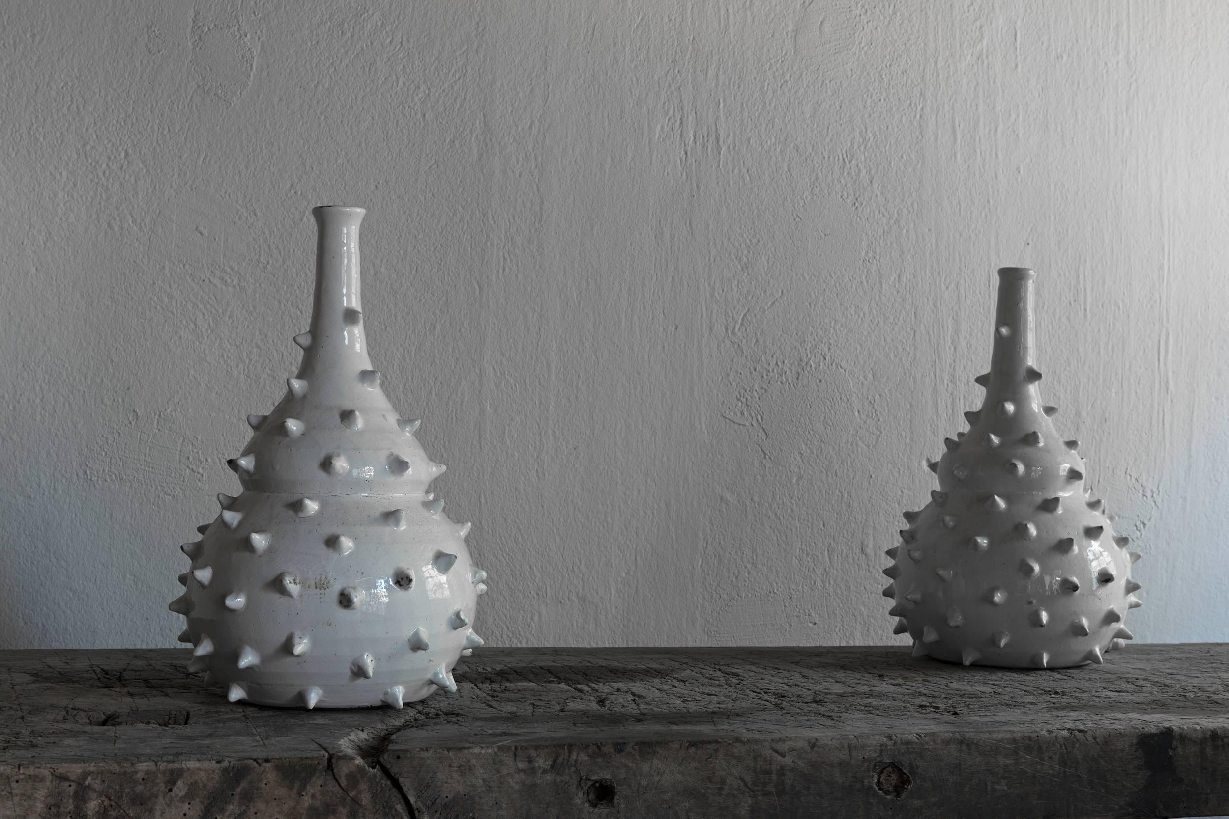 Unusual pair of spiked ceramic vases, France, 1960s.