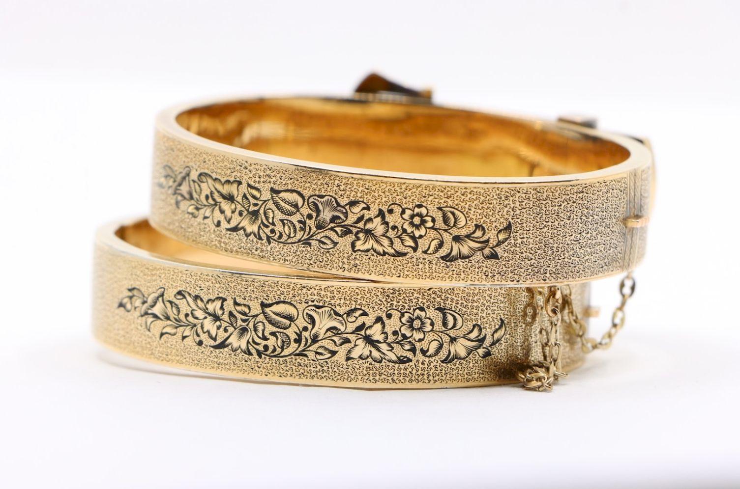 Women's A Pair of Victorian 14K Gold Enamel Belt Bangle Bracelect