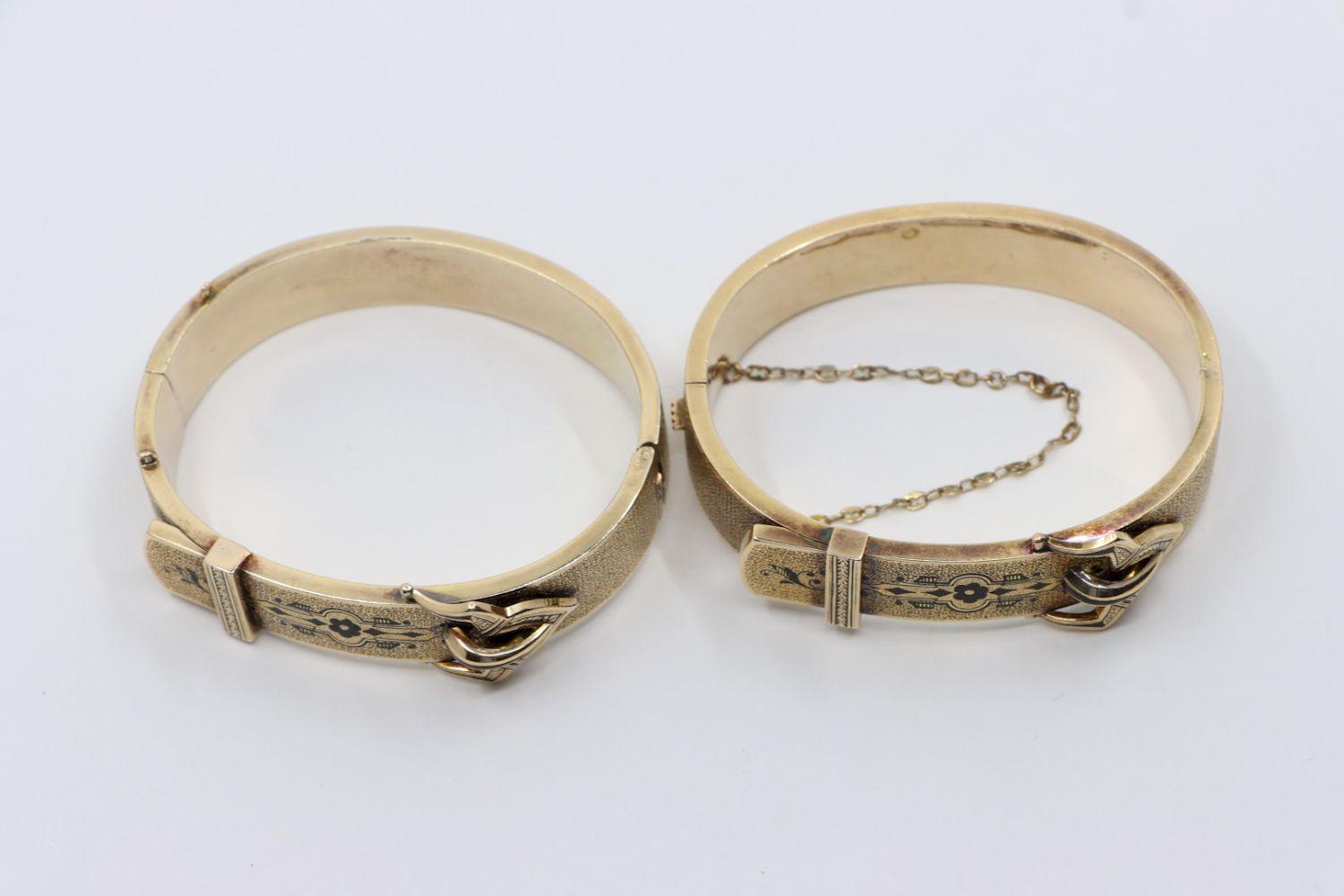 A Pair of Victorian 14K Gold Enamel Belt Bangle Bracelect 2