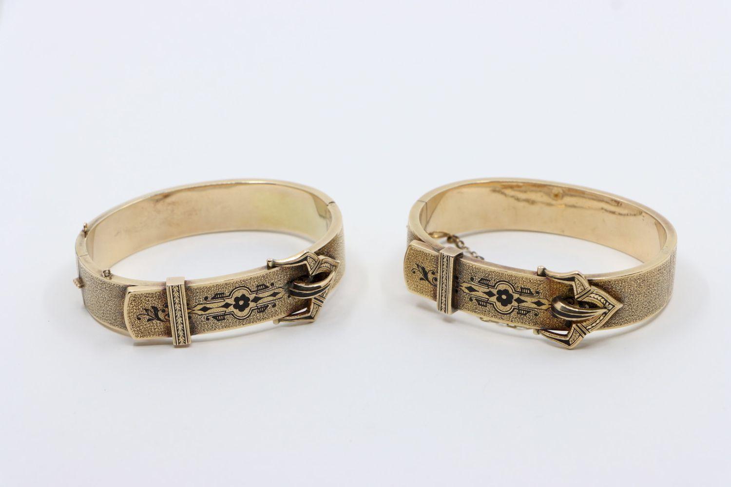 A Pair of Victorian 14K Gold Enamel Belt Bangle Bracelect 3