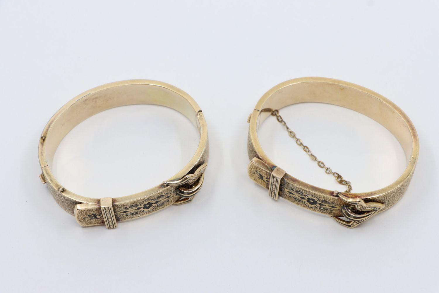 A Pair of Victorian 14K Gold Enamel Belt Bangle Bracelect 4