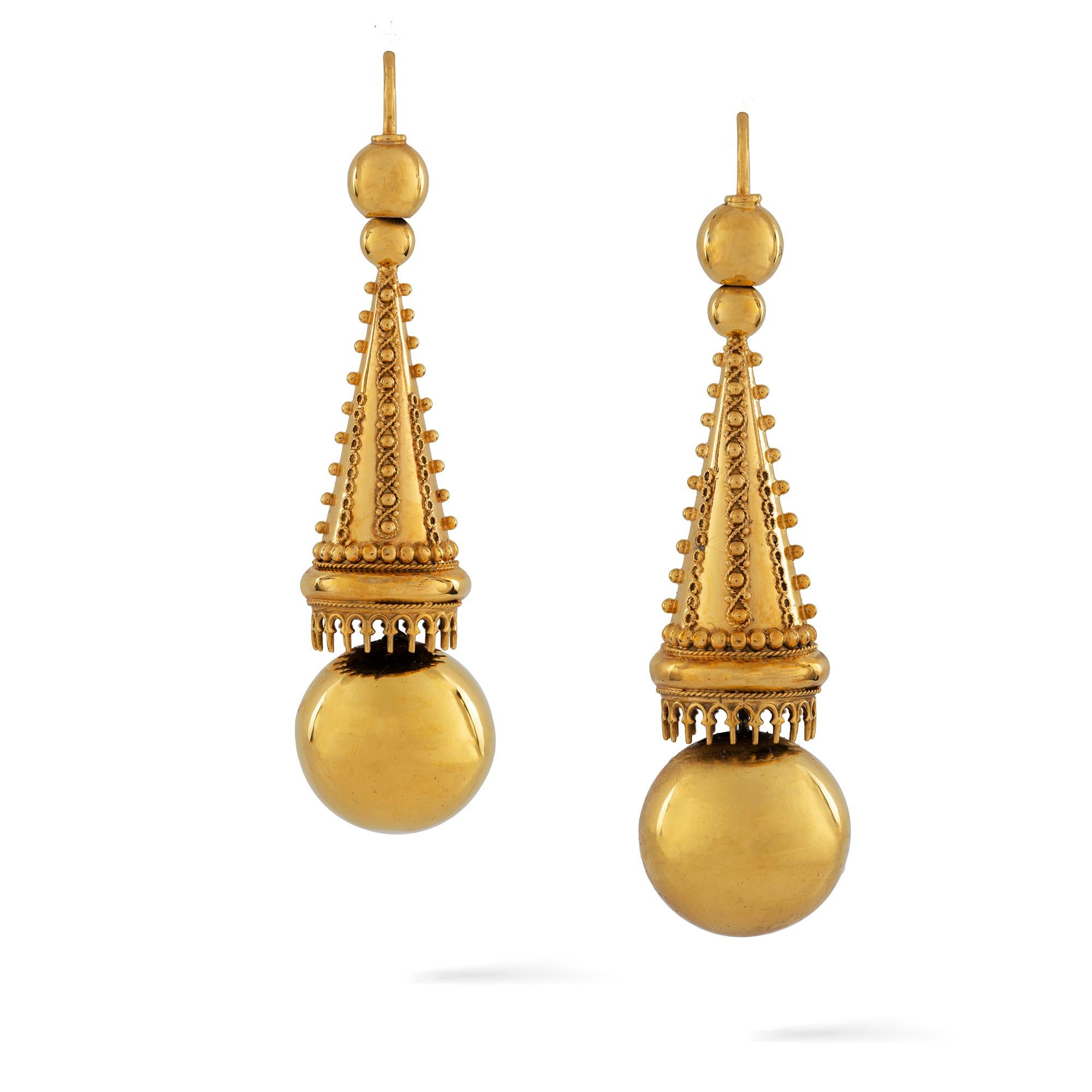 A pair of Victorian gold archaeological revival drop earrings, each earring consisted of a sphere, suspended by a cone, bearing twisted-rope and bead decorations, suspended by two graduated spheres, all to a shepherd's hook fitting, 18ct yellow
