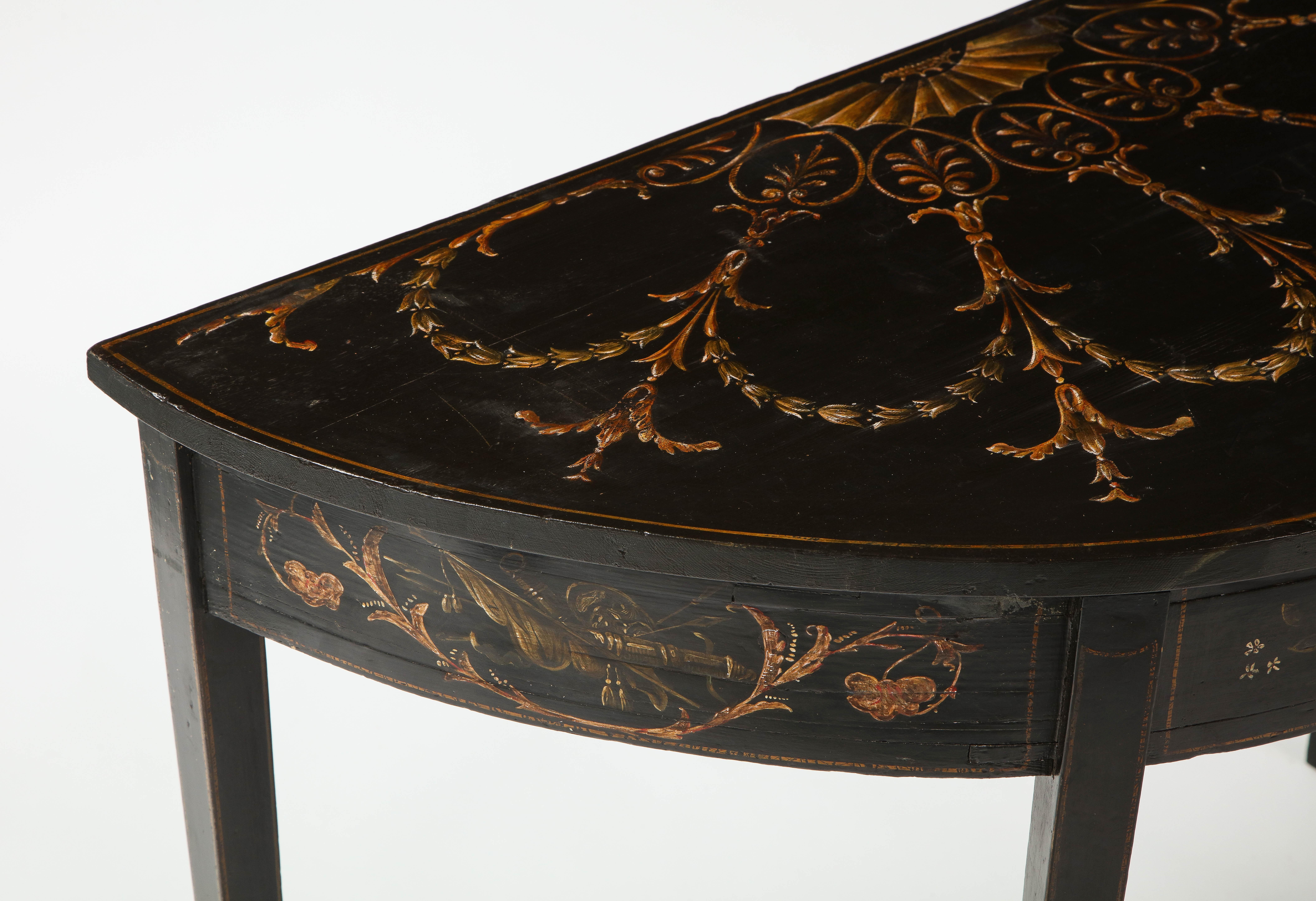 Adam Style Pair of Victorian Black and Polychrome Demi-Lune Black Console Tables For Sale