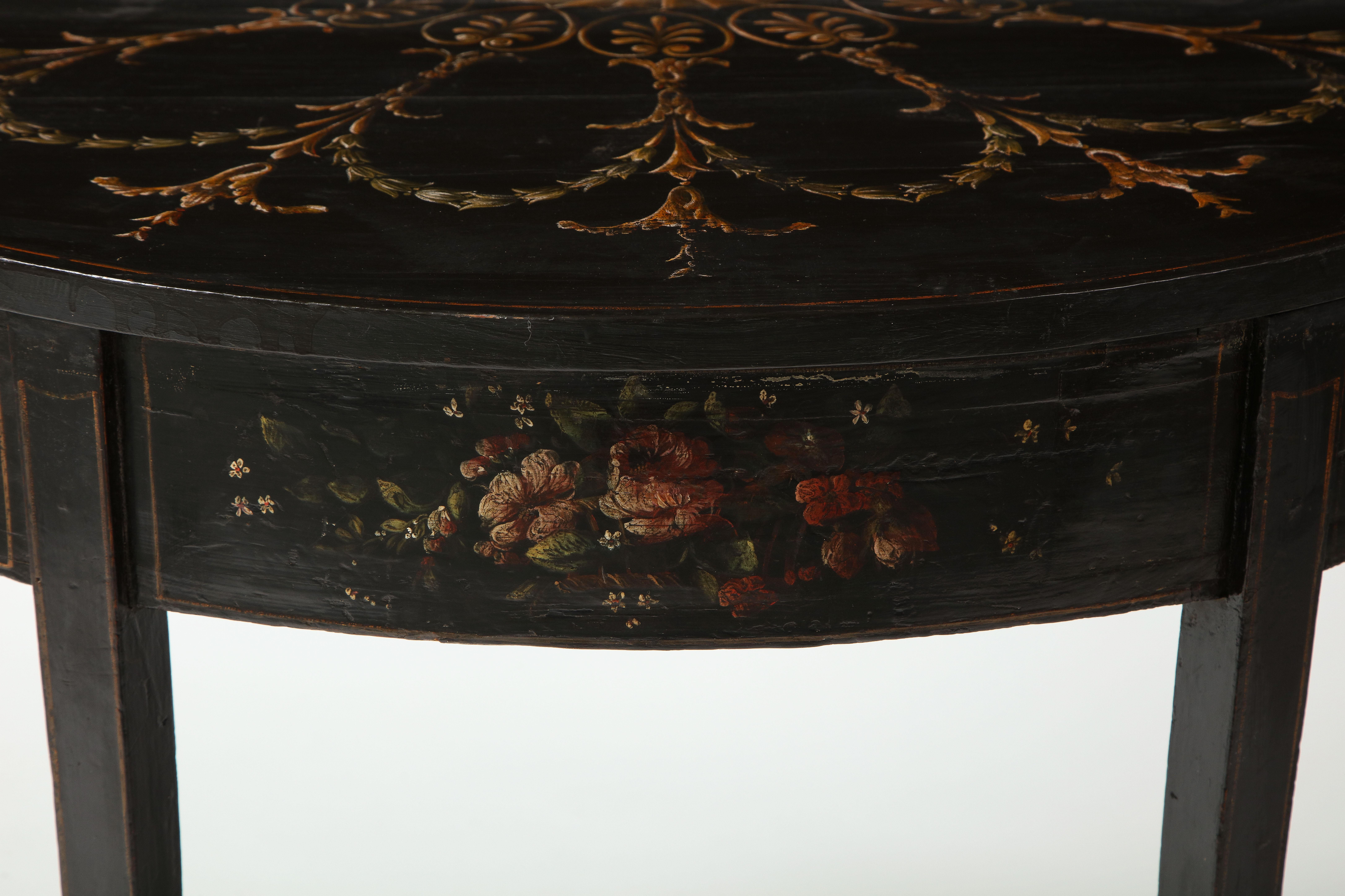Hand-Painted Pair of Victorian Black and Polychrome Demi-Lune Black Console Tables For Sale