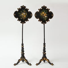 Pair of Victorian Black, Polychrome and Mother-of-pearl Pole Screens