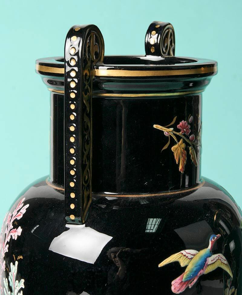 Painted Pair of Victorian Black Vases with Enamel Paint, England For Sale