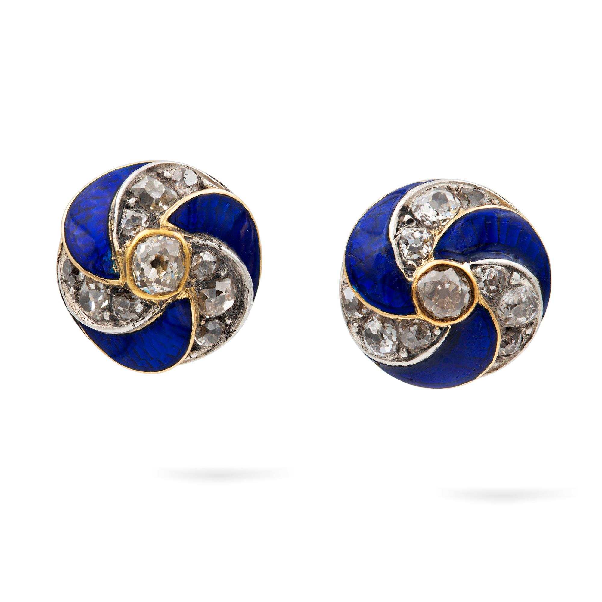 Old Mine Cut A Pair Of Victorian Blue Enamel And Diamond Stud Earrings For Sale
