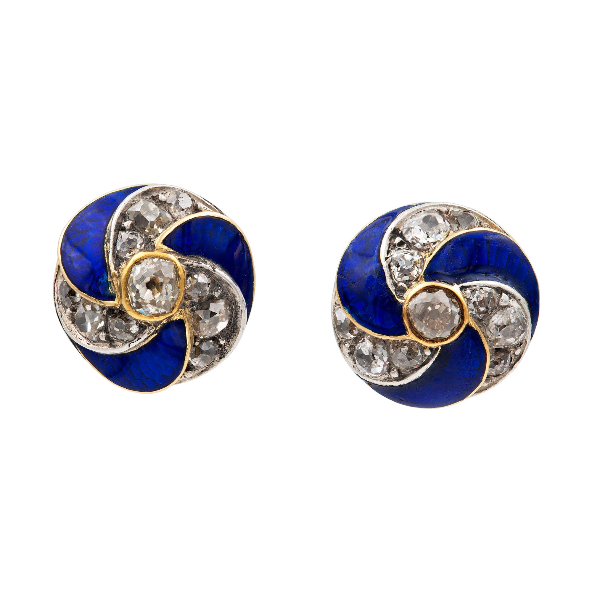 A Pair of Victorian Blue Enamel and Diamond Stud Earrings For Sale