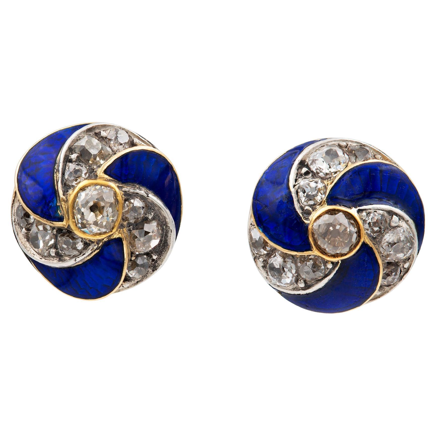 A Pair Of Victorian Blue Enamel And Diamond Stud Earrings