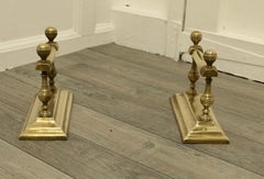 Victorian Brass Andirons, 19th Century Fire Dogs, Antique Pair