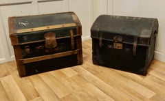 Pair of Victorian Canvas and Leather Dome Top Travel Trunks