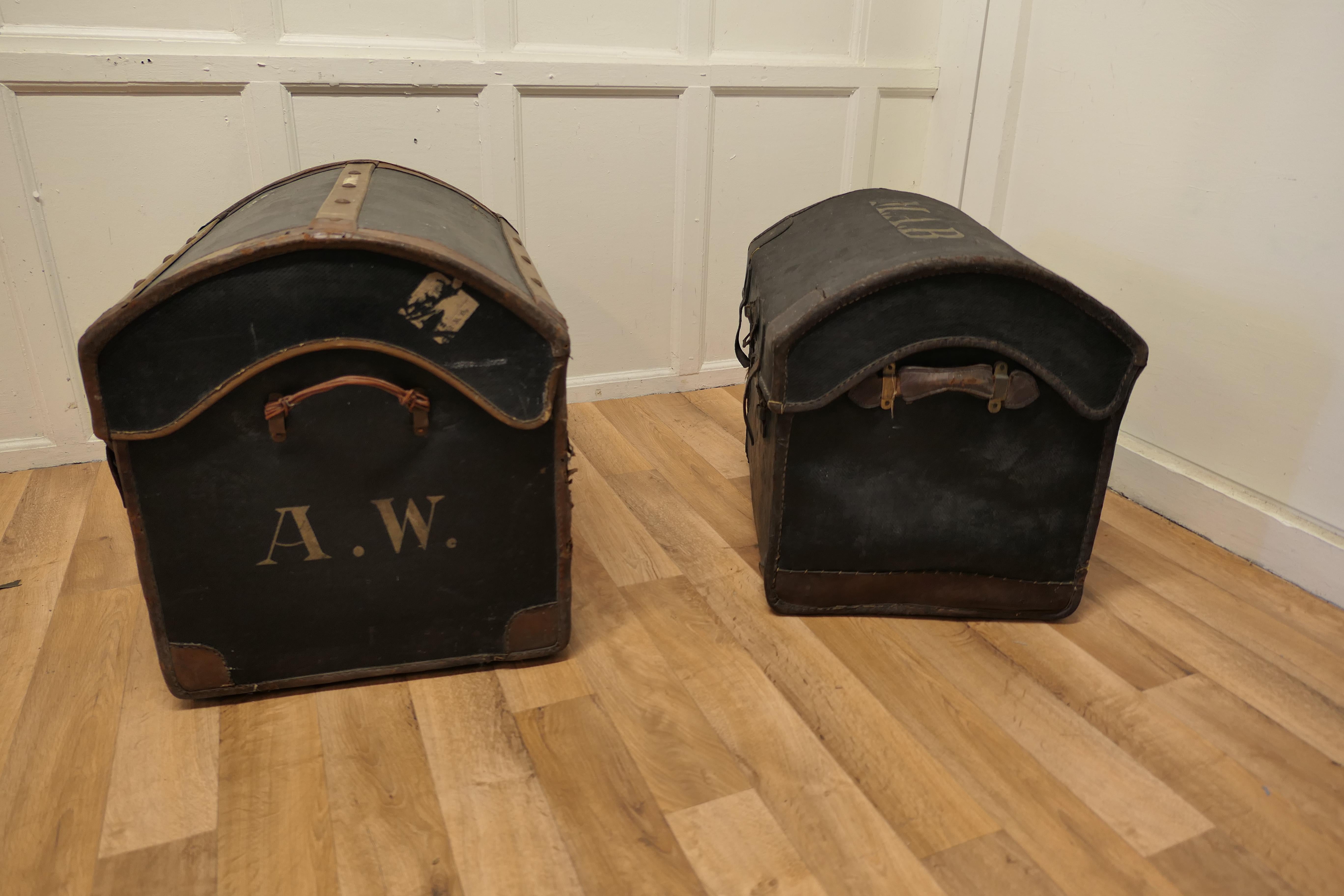 Wicker Pair of Victorian Canvas and Leather Dome Top Travel Trunks For Sale