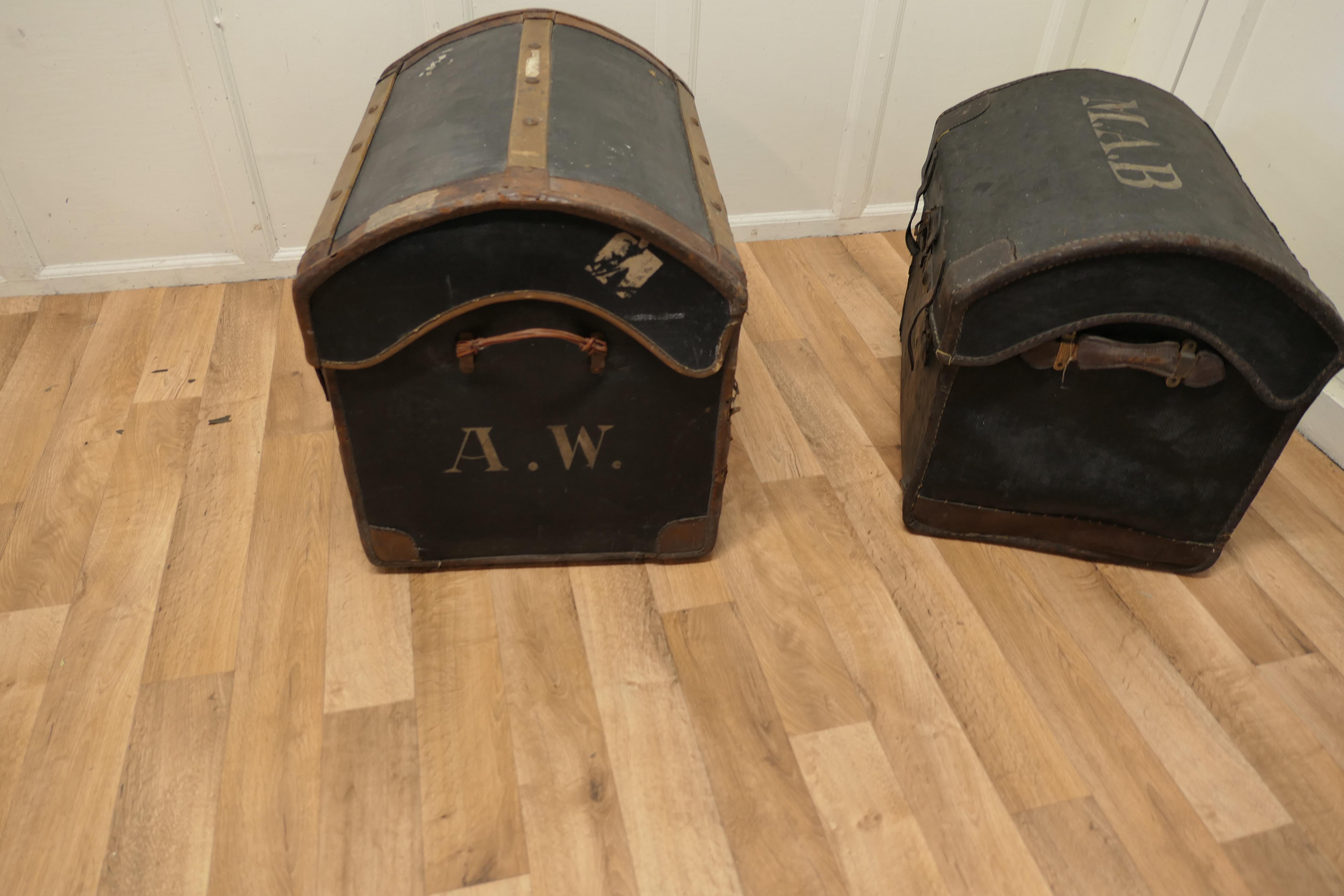 Pair of Victorian Canvas and Leather Dome Top Travel Trunks For Sale 1