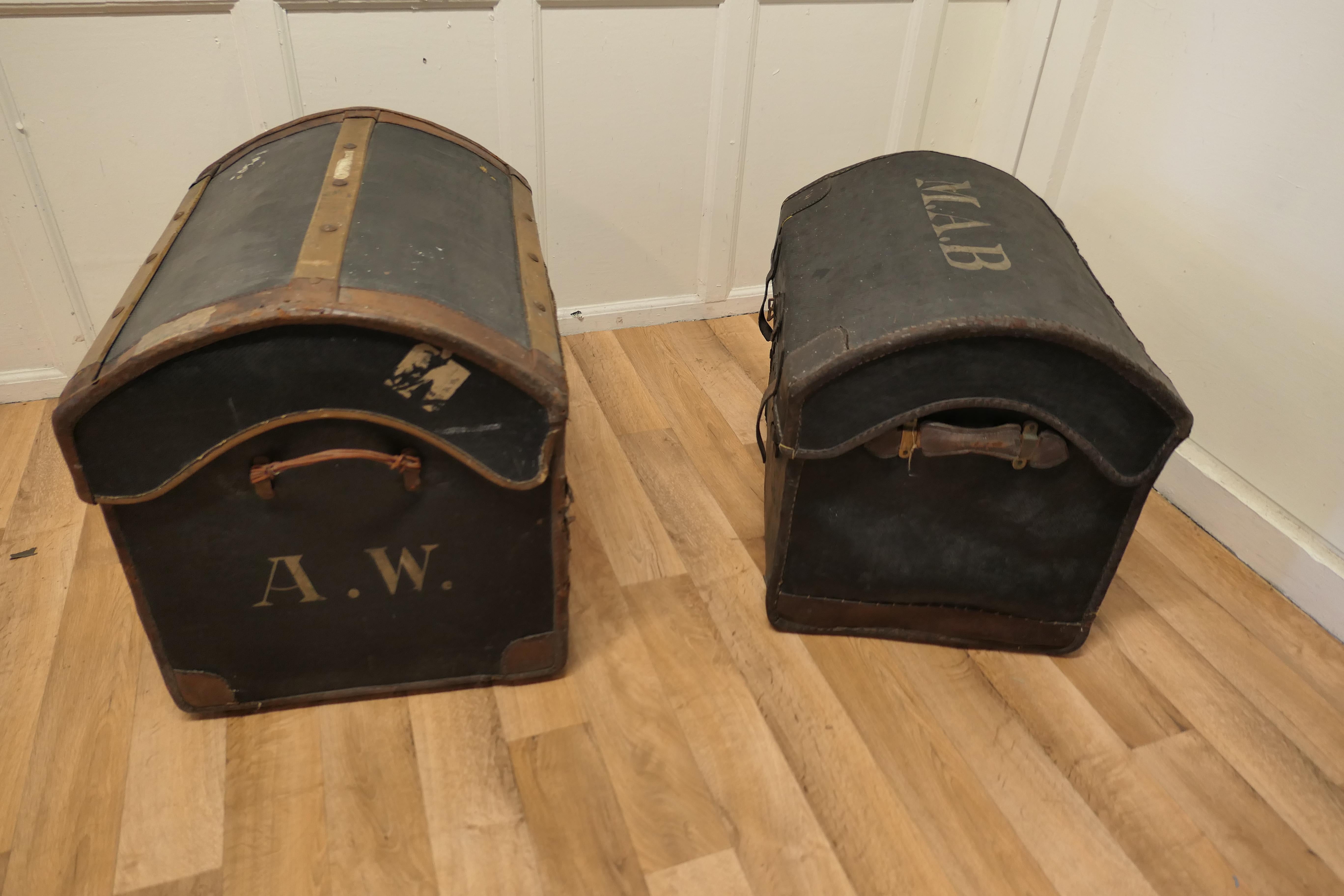 Pair of Victorian Canvas and Leather Dome Top Travel Trunks For Sale 2