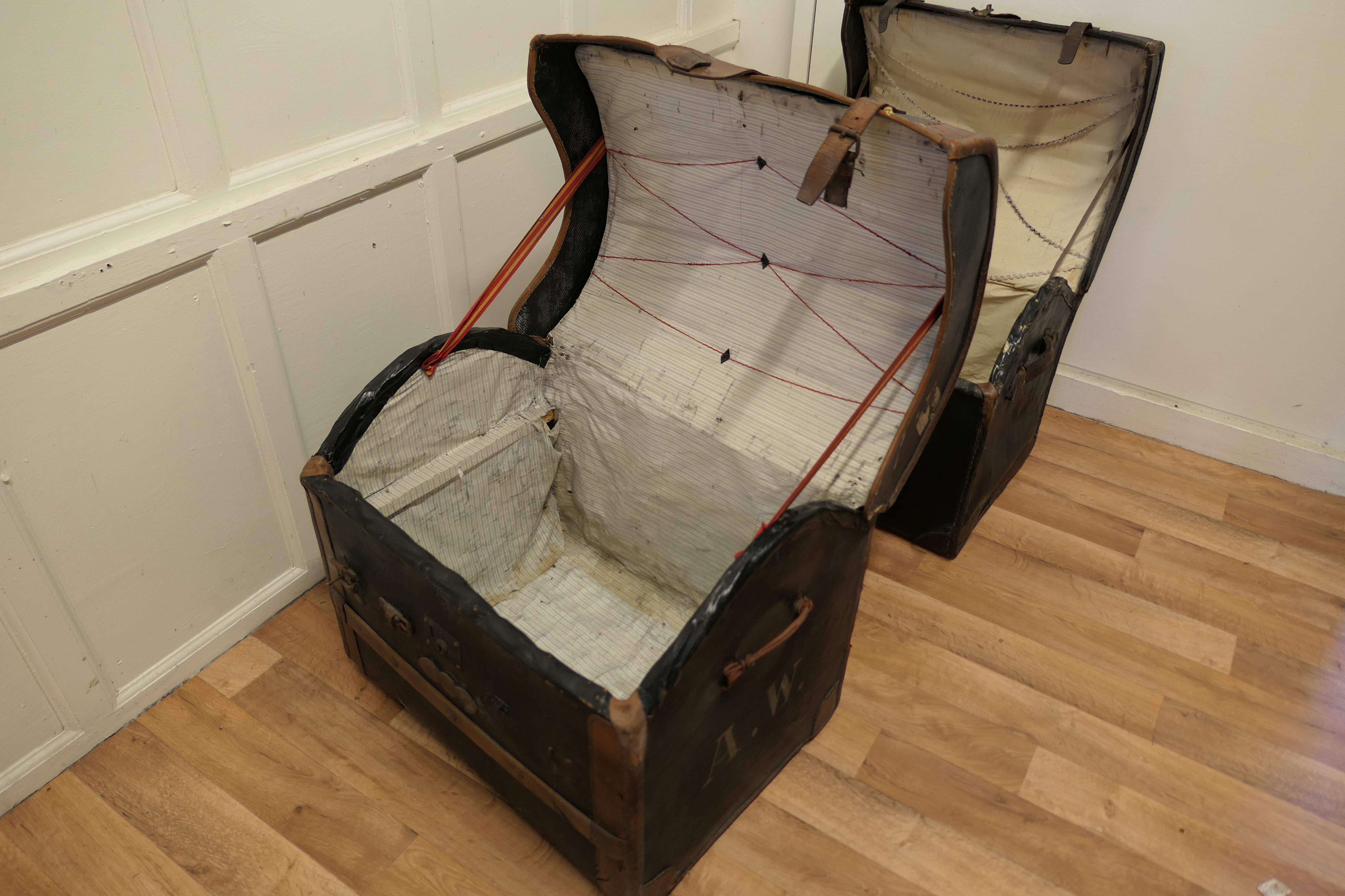Pair of Victorian Canvas and Leather Dome Top Travel Trunks For Sale 4