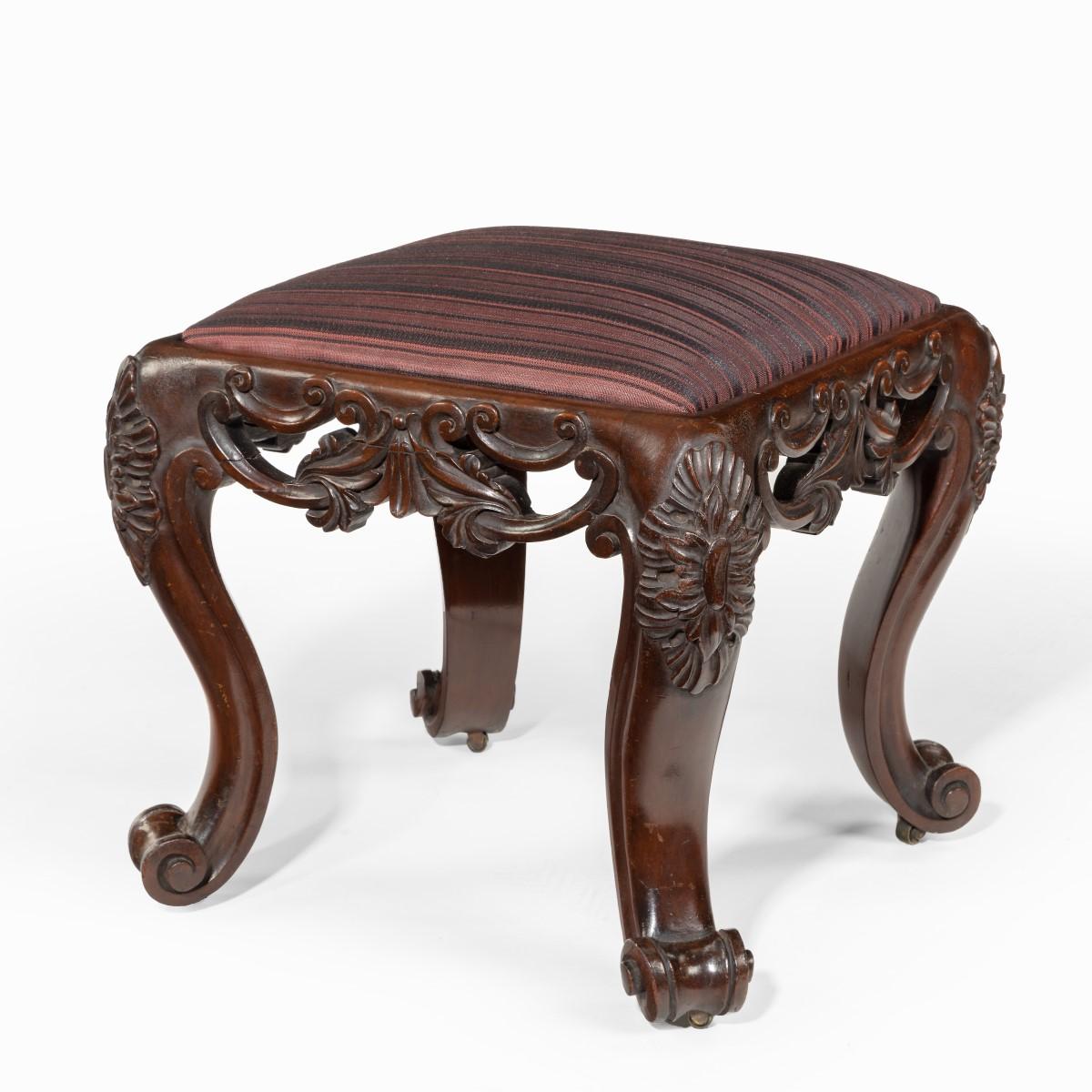 Mid-19th Century Pair of Victorian Carved Mahogany Stools For Sale